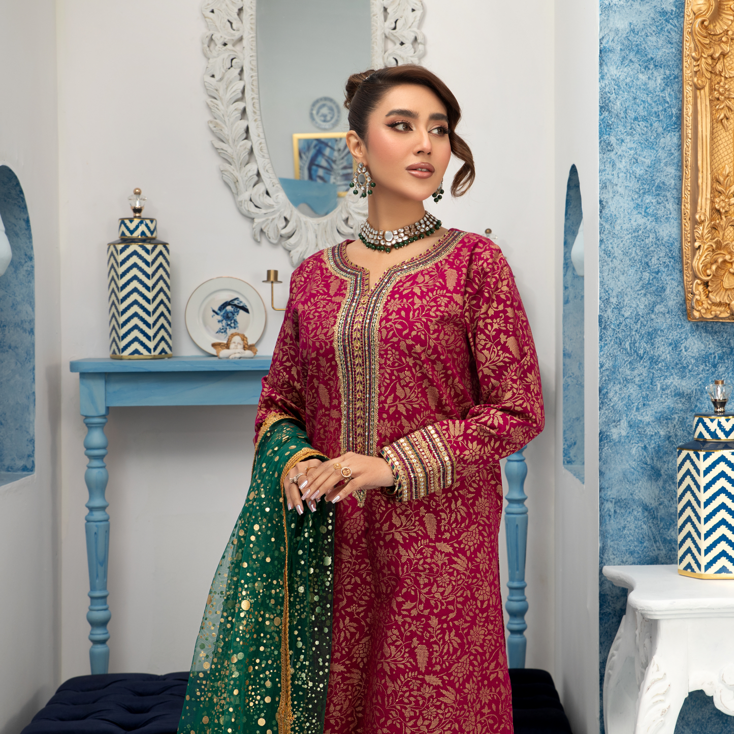(Deep Pink) Luxury Cambric Cotton Embroidered Dress | Ready to Wear | Heera's