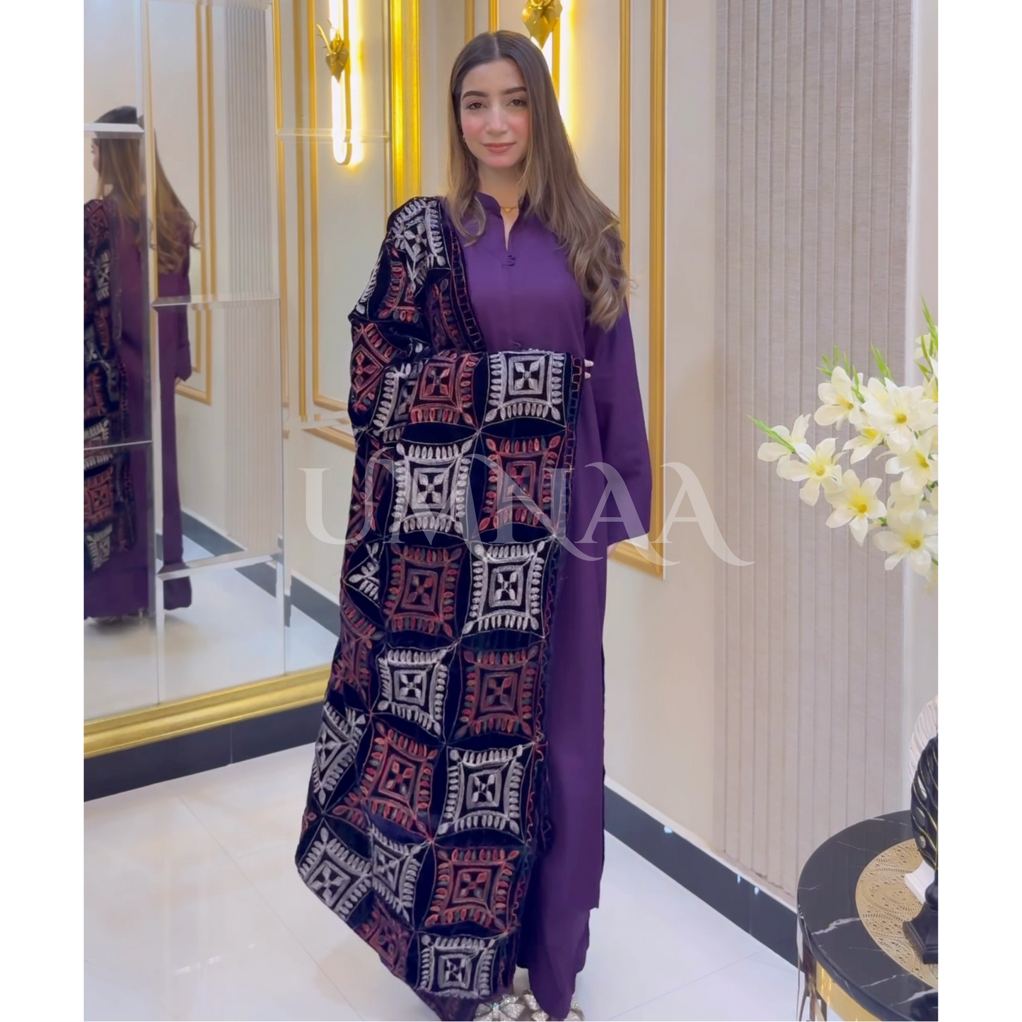UA-32 Dhanak Dress Embroidered Velvet Shawl 3 Pc | Ready to wear | UMNAA