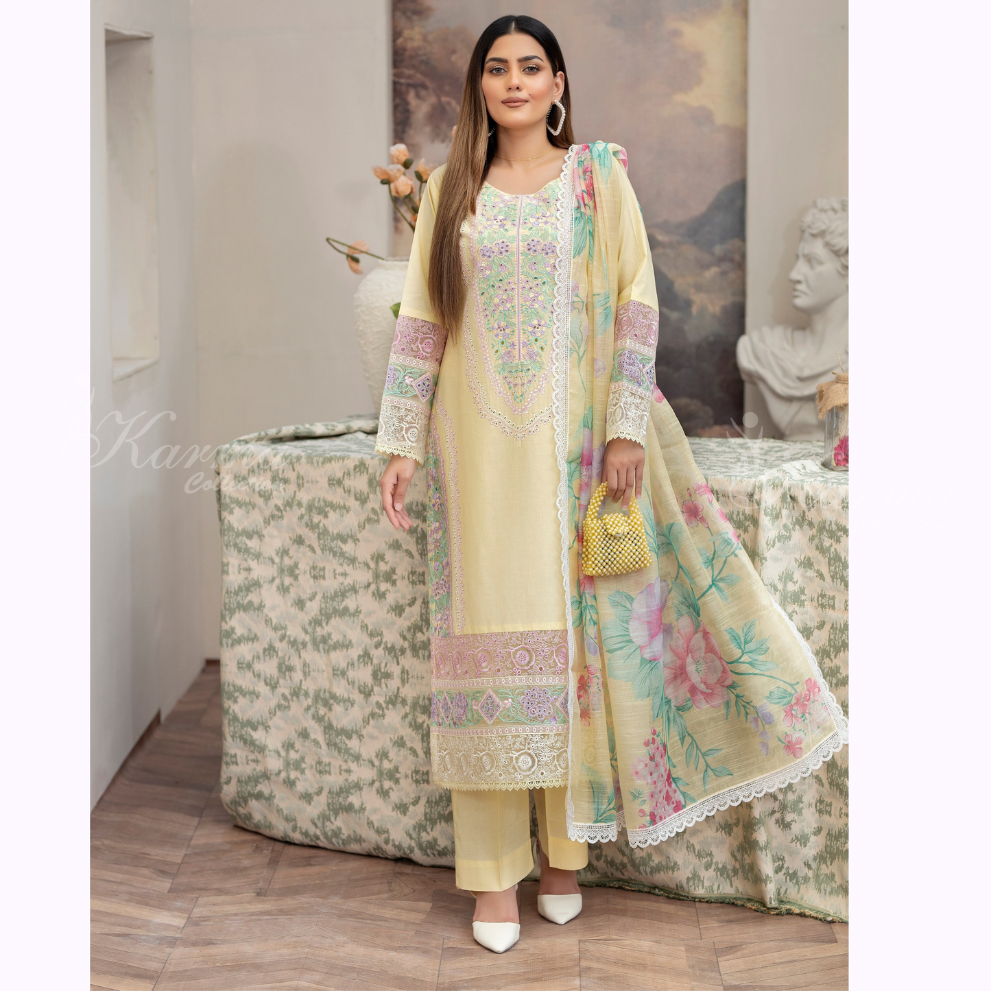 KC-1451 Embroidered Chikenkari Cotton Collection Ready to Wear 3 Pc - Karma Collection