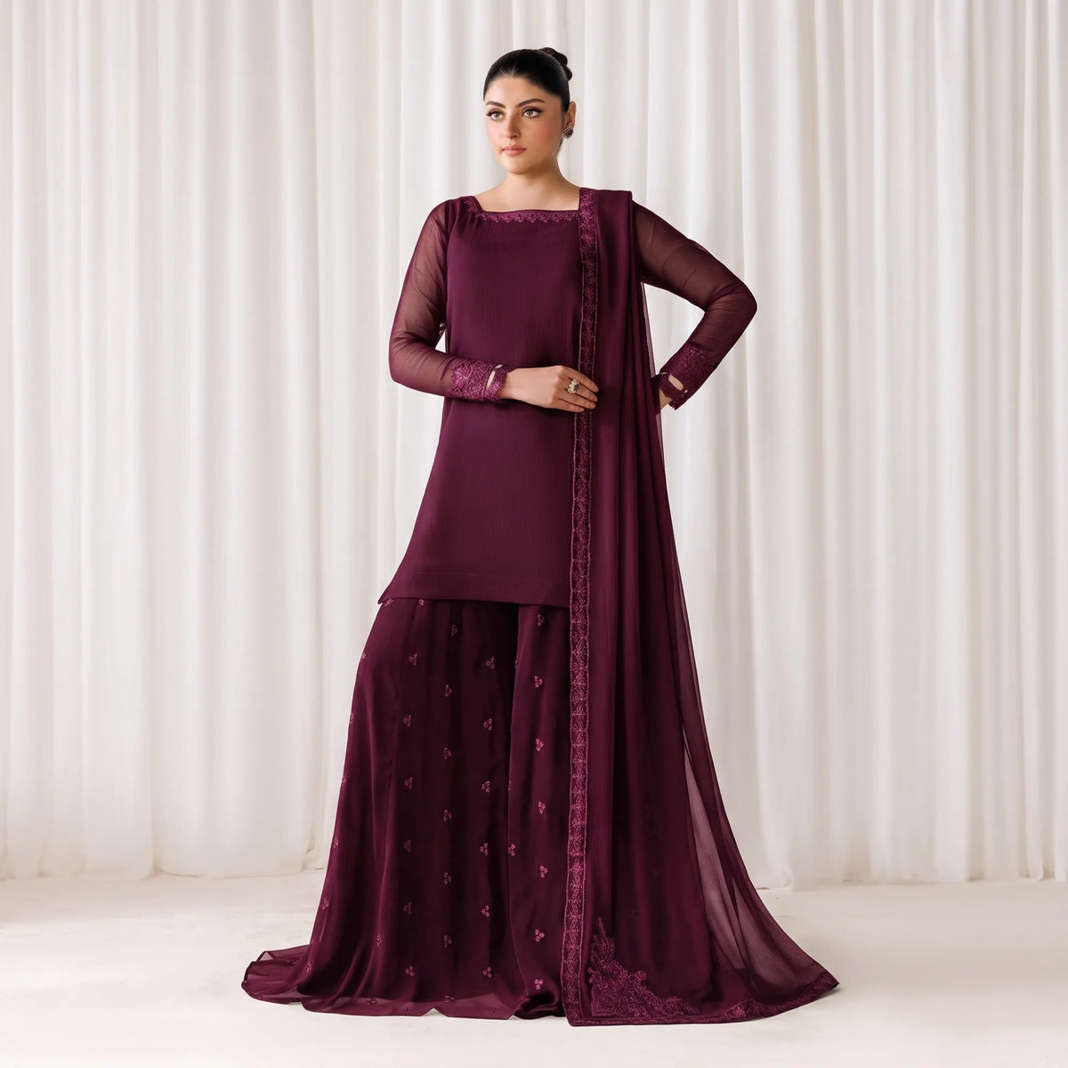 UA-230 Chiffon Sharara Full Sleeves Lined 3 Piece Suit | Chiffon Shirt with Embroidered Sharara & Dupatta | Formal Party Wear