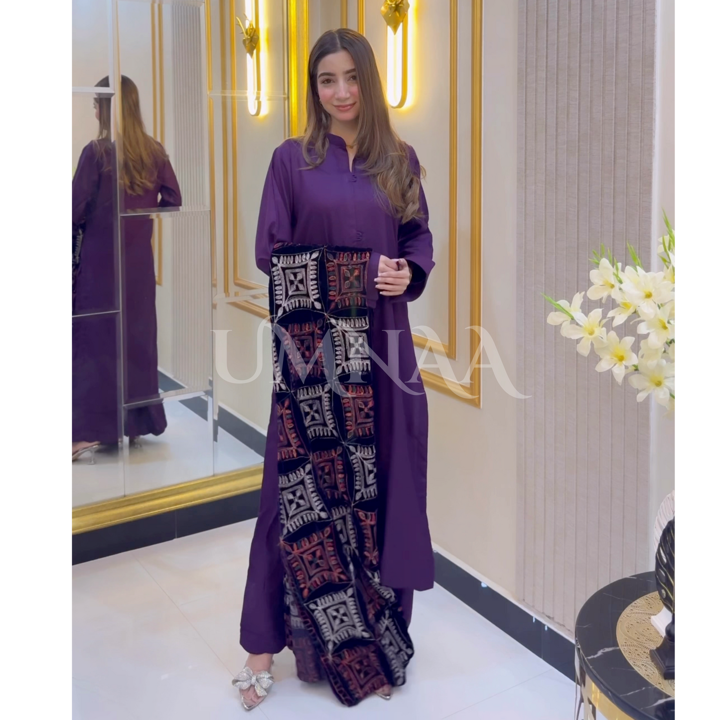UA-32 Dhanak Dress Embroidered Velvet Shawl 3 Pc | Ready to wear | UMNAA