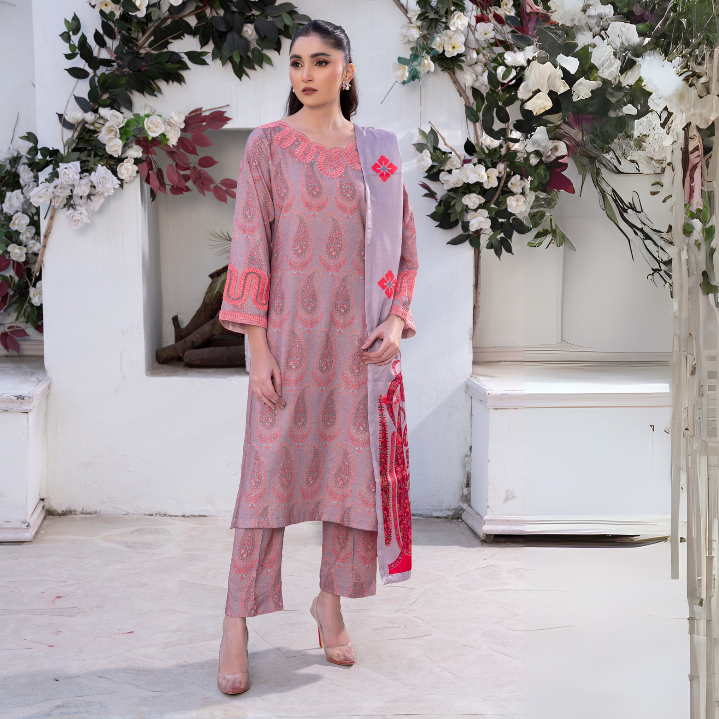 3 Pc Embroidered Printed Dress with Dhanak Wool Shawl | Winter Collection | Raniya.h | UMRAH0503
