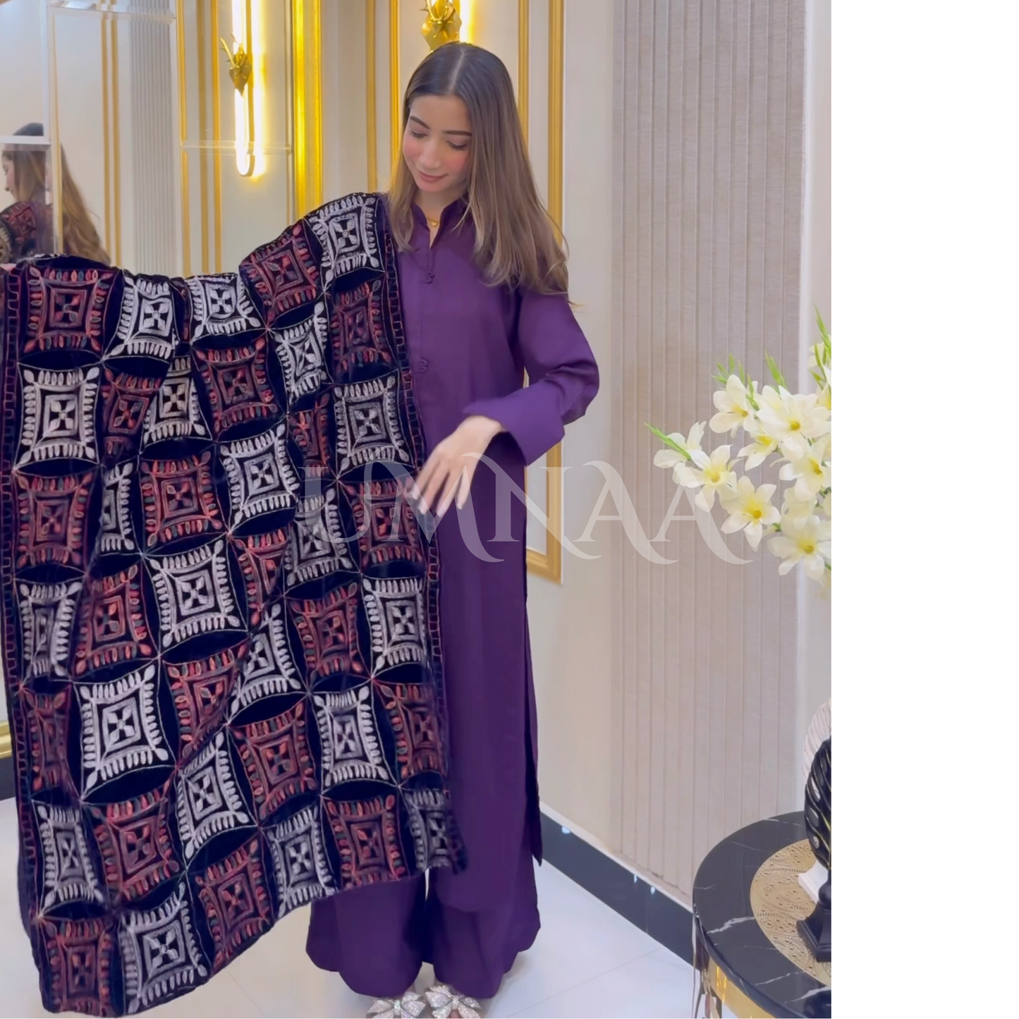 UA-32 Dhanak Dress Embroidered Velvet Shawl 3 Pc | Ready to wear | UMNAA