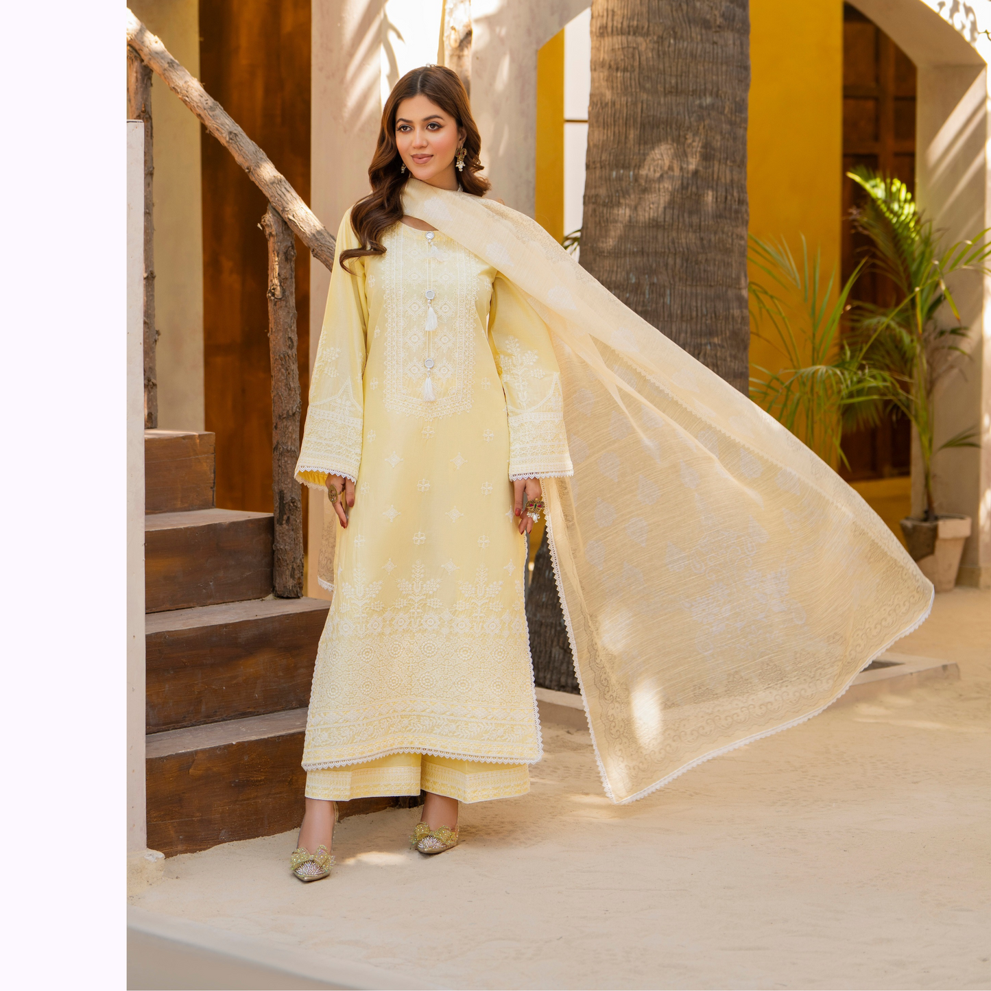 KC-1442 Embroidered Chikankari Cambric Cotton Dress Ready to Wear 3 Pc - Karma Collection