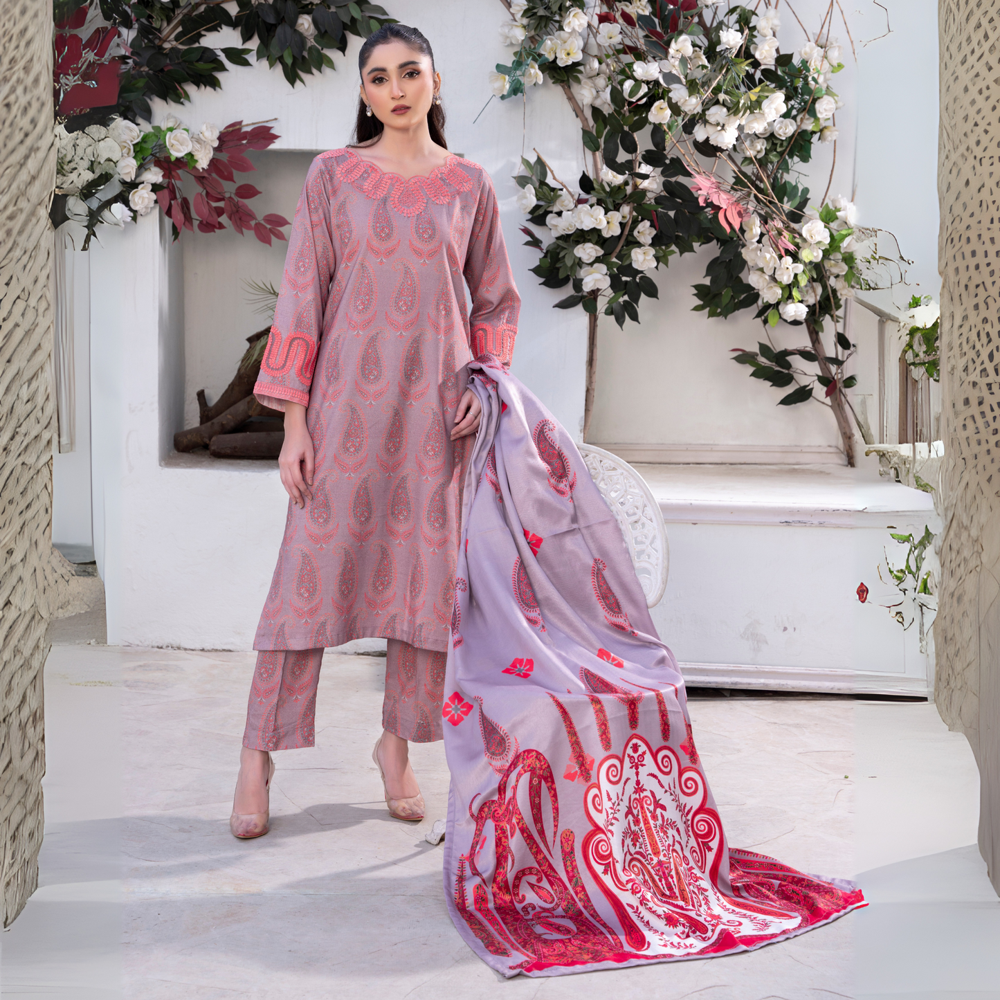 3 Pc Embroidered Printed Dress with Dhanak Wool Shawl | Winter Collection | Raniya.h | UMRAH0503