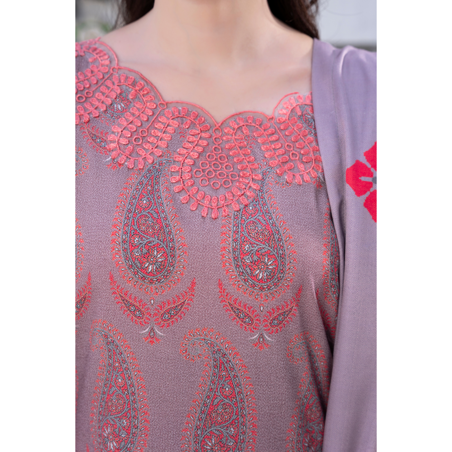 3 Pc Embroidered Printed Dress with Dhanak Wool Shawl | Winter Collection | Raniya.h | UMRAH0503