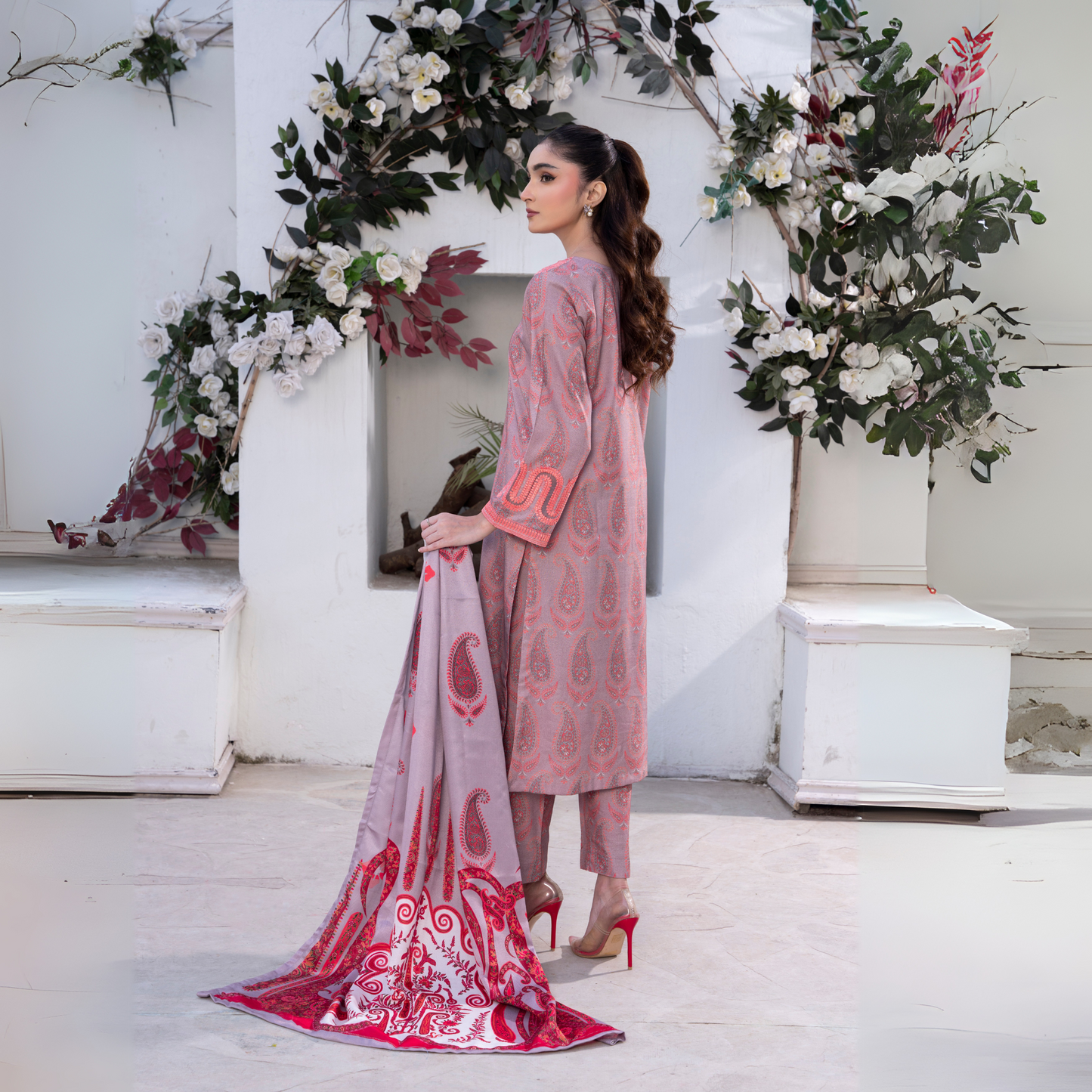 3 Pc Embroidered Printed Dress with Dhanak Wool Shawl | Winter Collection | Raniya.h | UMRAH0503