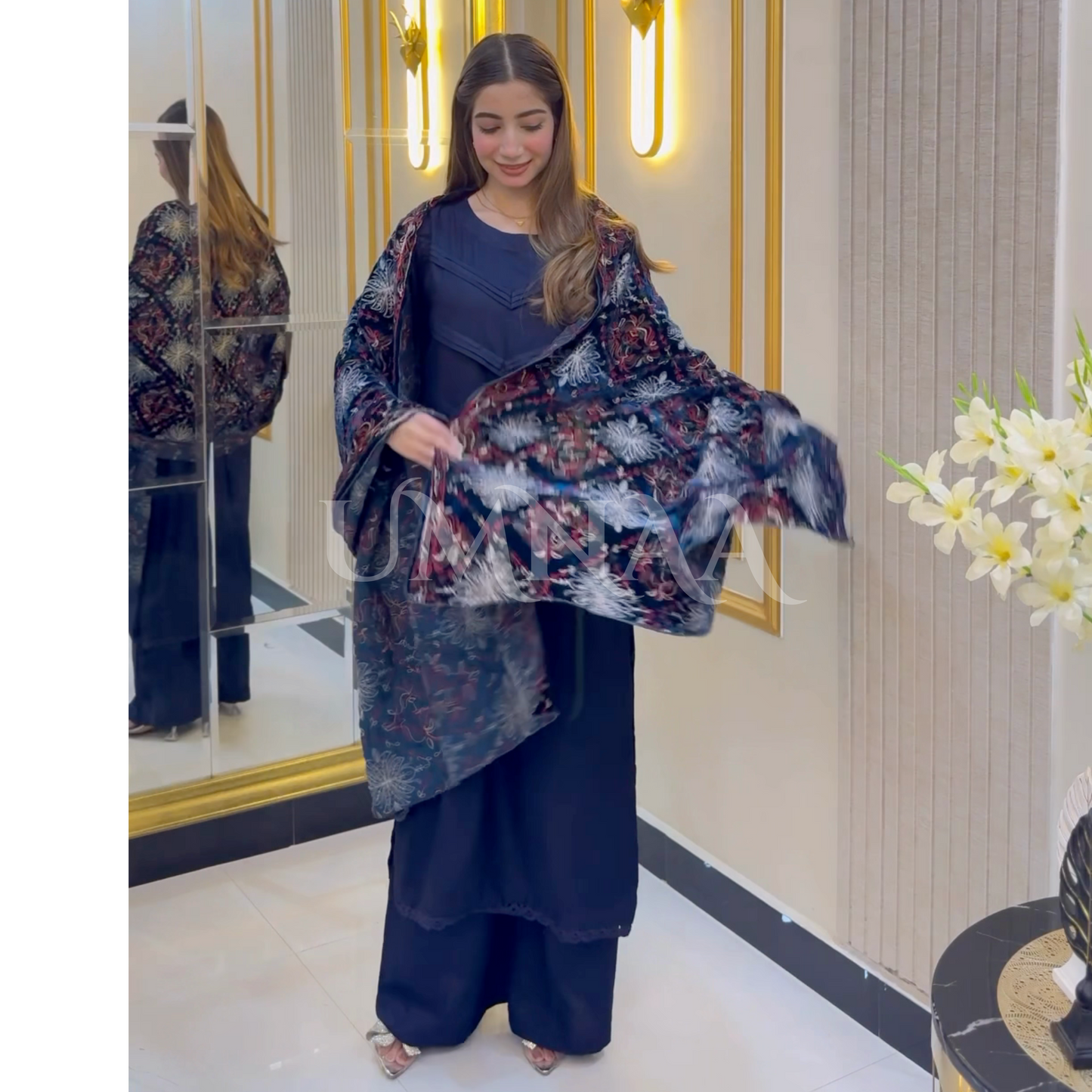 UA-32 Dhanak Dress Embroidered Velvet Shawl 3 Pc | Ready to wear | UMNAA