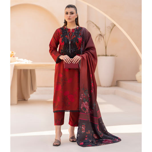 RA-24 Embroidered Printed Dhanak dress with Wool Shawl by Raniya.h