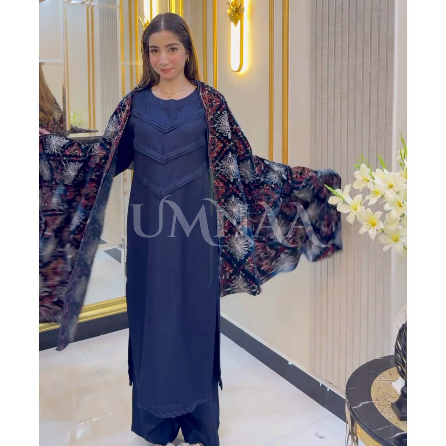 UA-32 Dhanak Dress Embroidered Velvet Shawl 3 Pc | Ready to wear | UMNAA