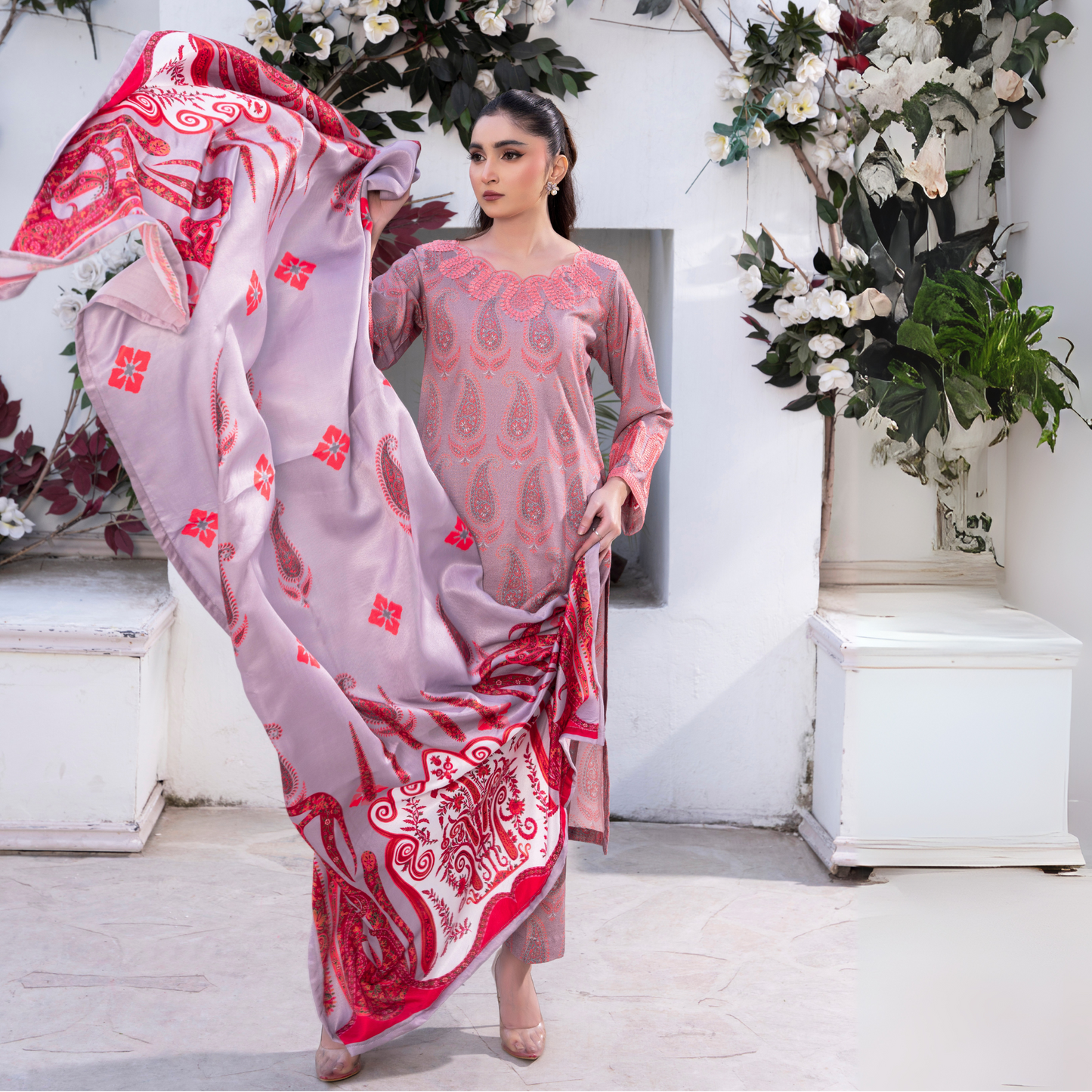 3 Pc Embroidered Printed Dress with Dhanak Wool Shawl | Winter Collection | Raniya.h | UMRAH0503