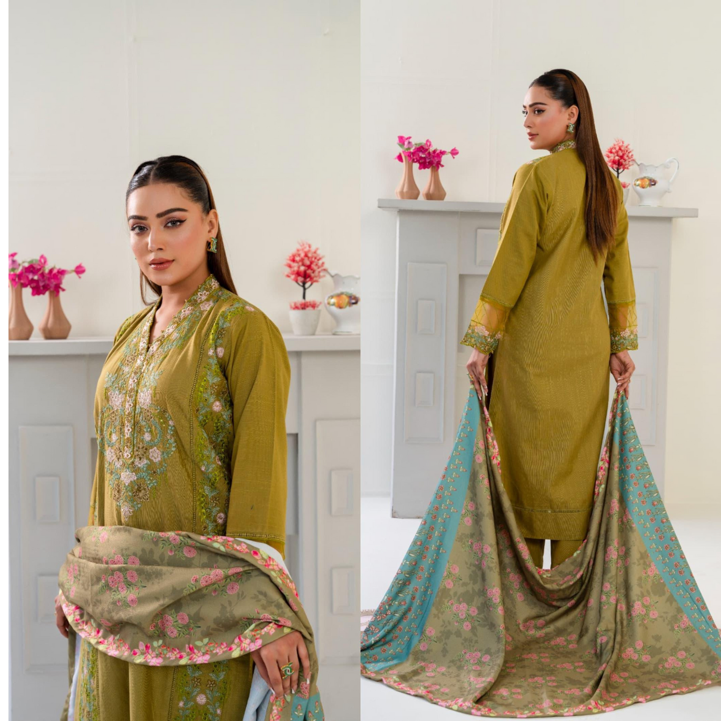 (Mehndi Green) 3 Pc Embroidered Khaddar Collection with Shawl | Ready to wear| Hayats