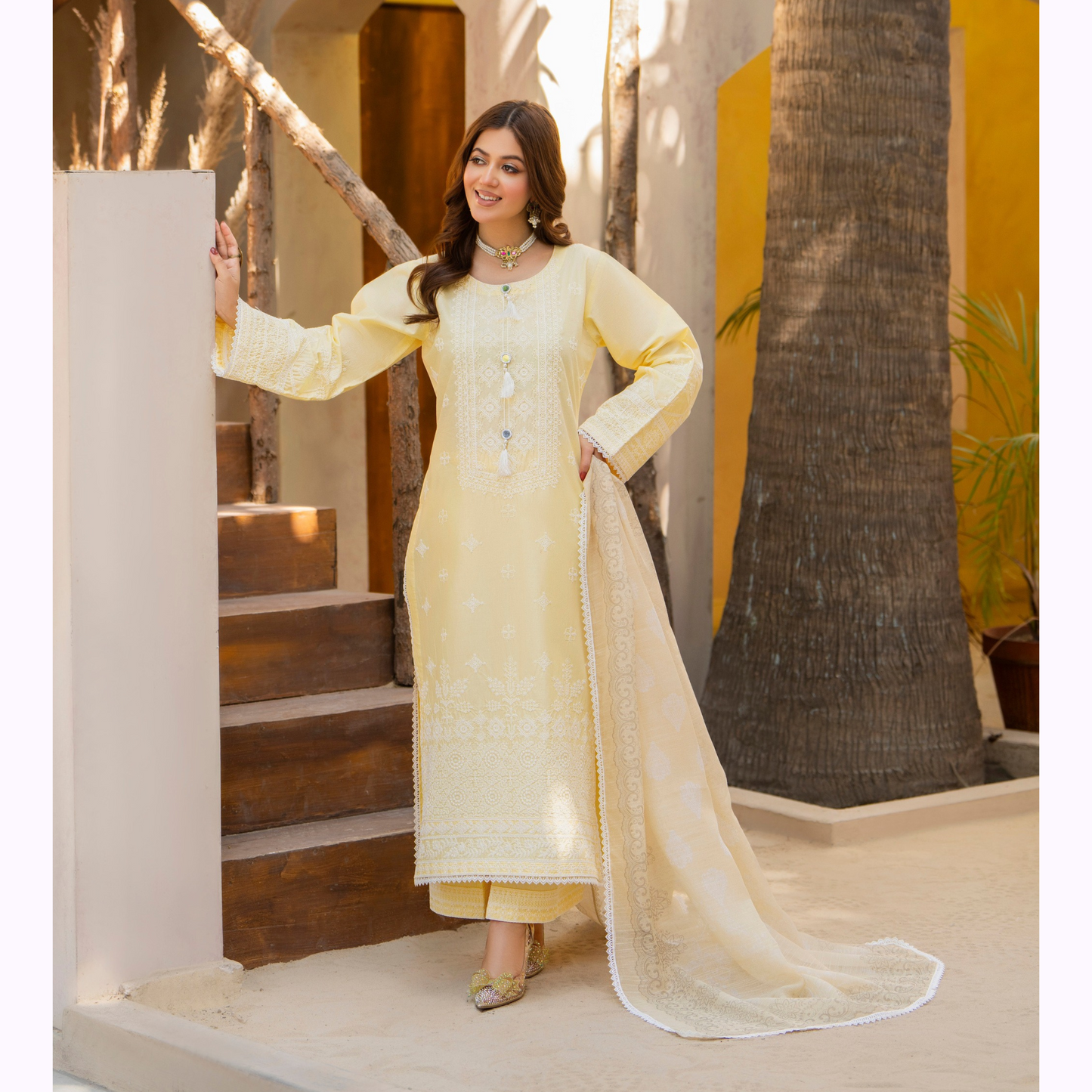 KC-1442 Embroidered Chikankari Cambric Cotton Dress Ready to Wear 3 Pc - Karma Collection