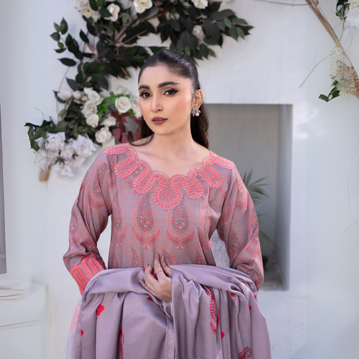 3 Pc Embroidered Printed Dress with Dhanak Wool Shawl | Winter Collection | Raniya.h | UMRAH0503