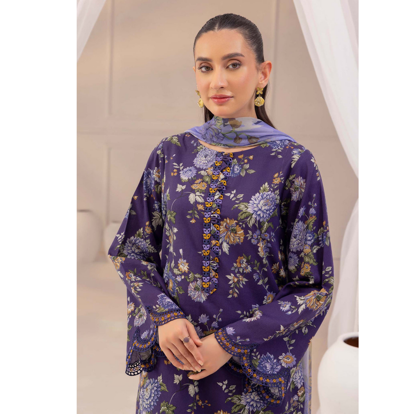 Plum Purple 3 Pc Printed Khaddar Ready to Wear Dress - Adan's libas
