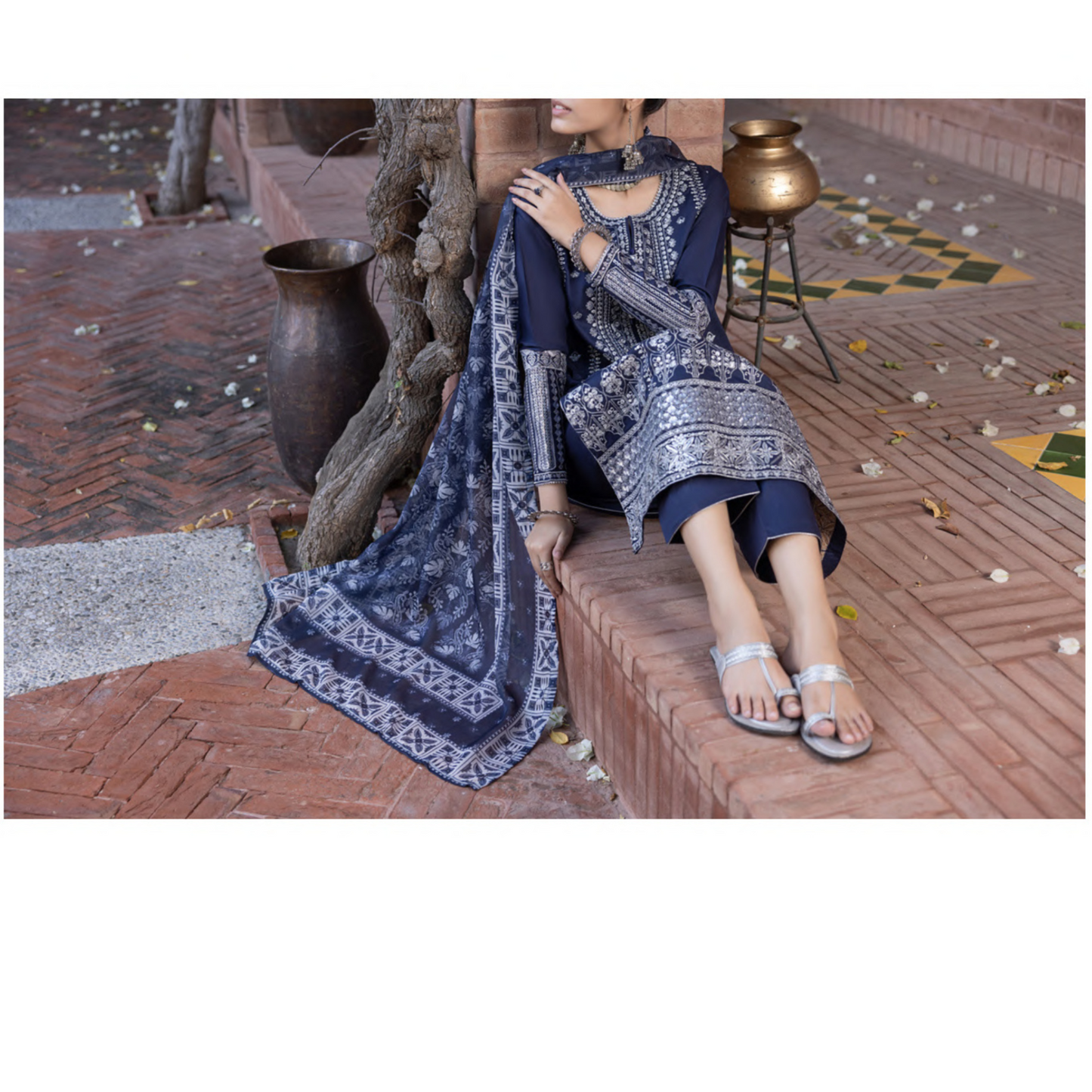 (Blue) Embroidered Linen 3 Pc Ready to Wear by Casuallite
