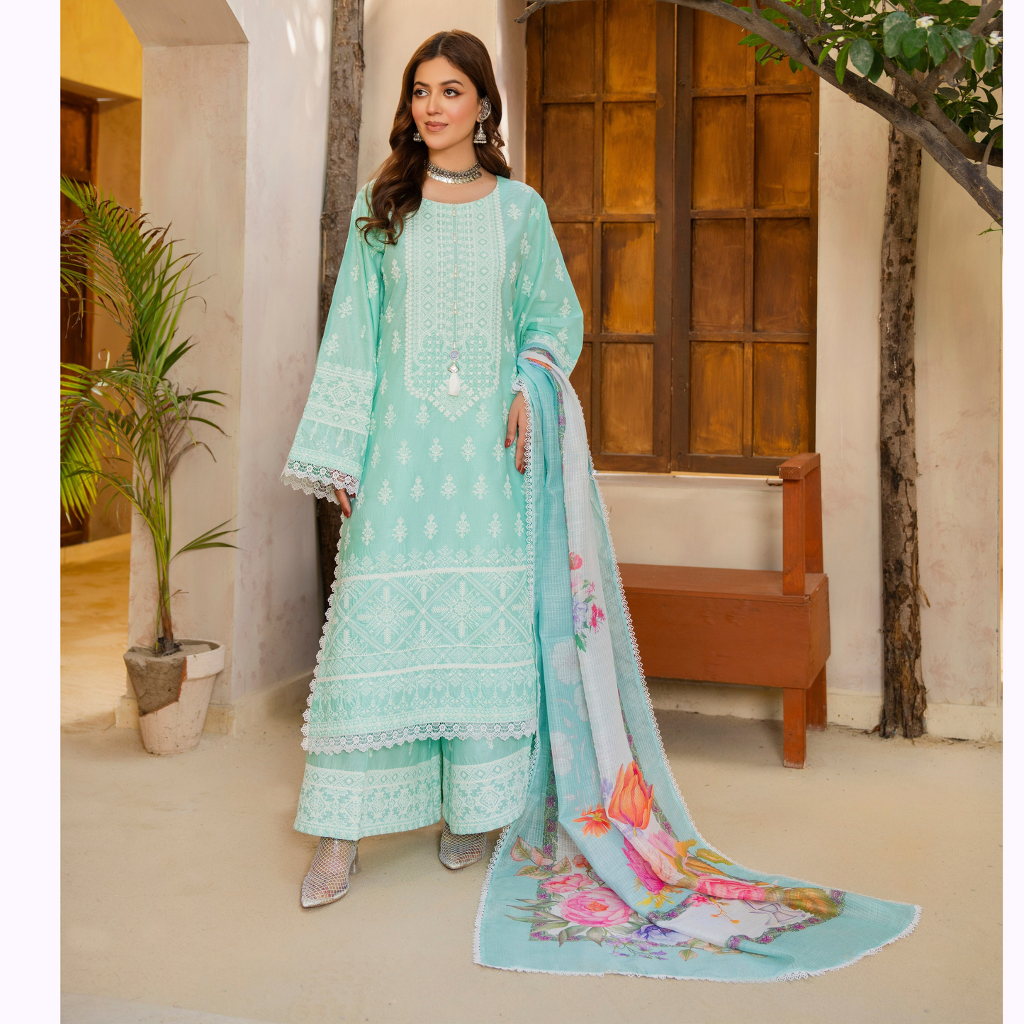 KC-1439 Embroidered Cambric Cotton Dress Ready to Wear 3 Pc - Karma Collection