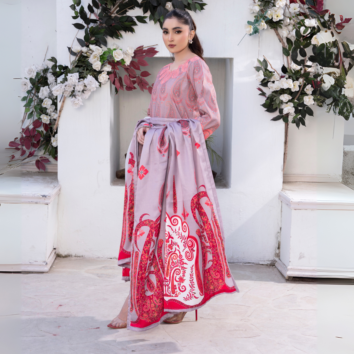 3 Pc Embroidered Printed Dress with Dhanak Wool Shawl | Winter Collection | Raniya.h | UMRAH0503