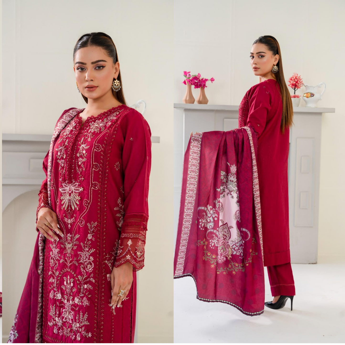 (Wine Red) 3 Pc Embroidered Khaddar Collection with Shawl | Ready to wear| Hayats