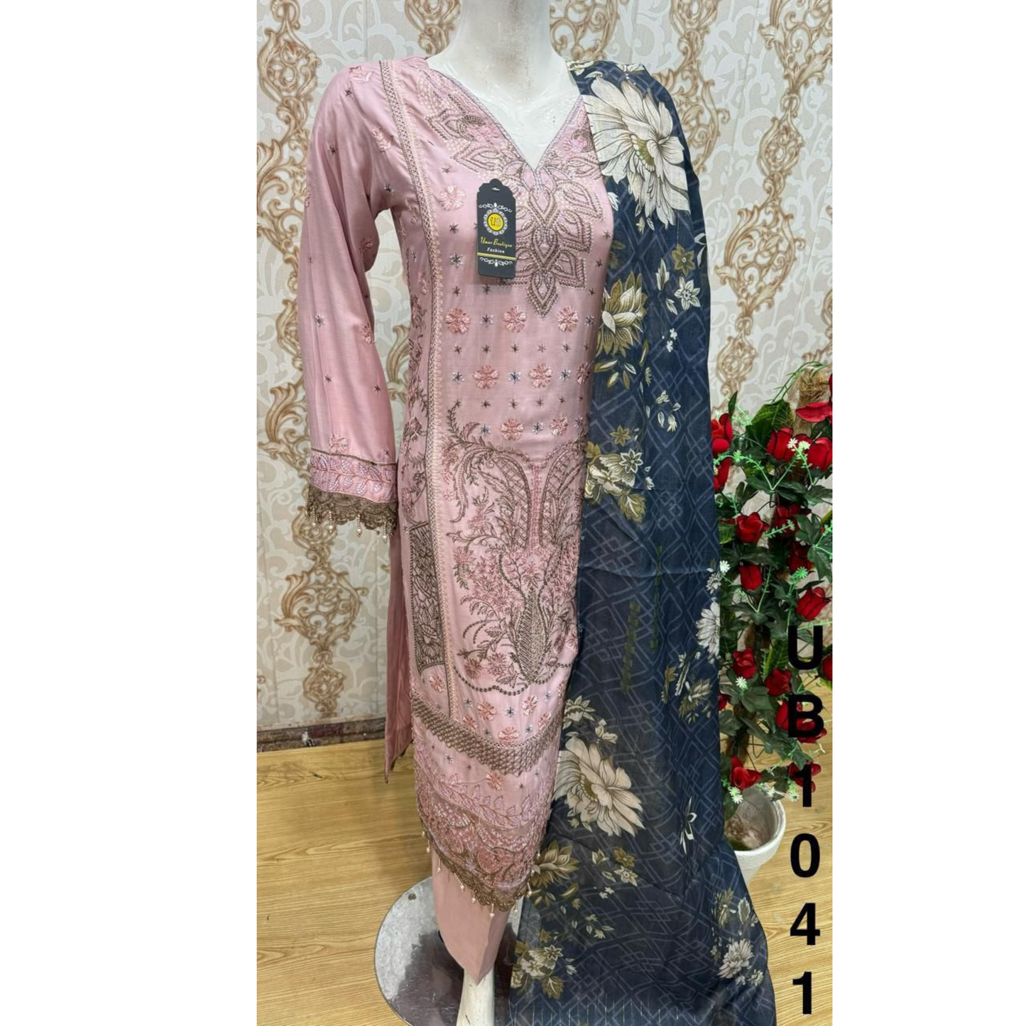 3 Pc Embroidered Linen Dress With Cotton Silk Printed Dupatta By UB