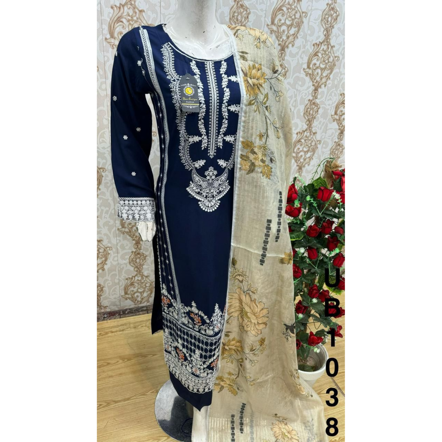 3 Pc Embroidered Linen Dress With Cotton Silk Printed Dupatta By UB