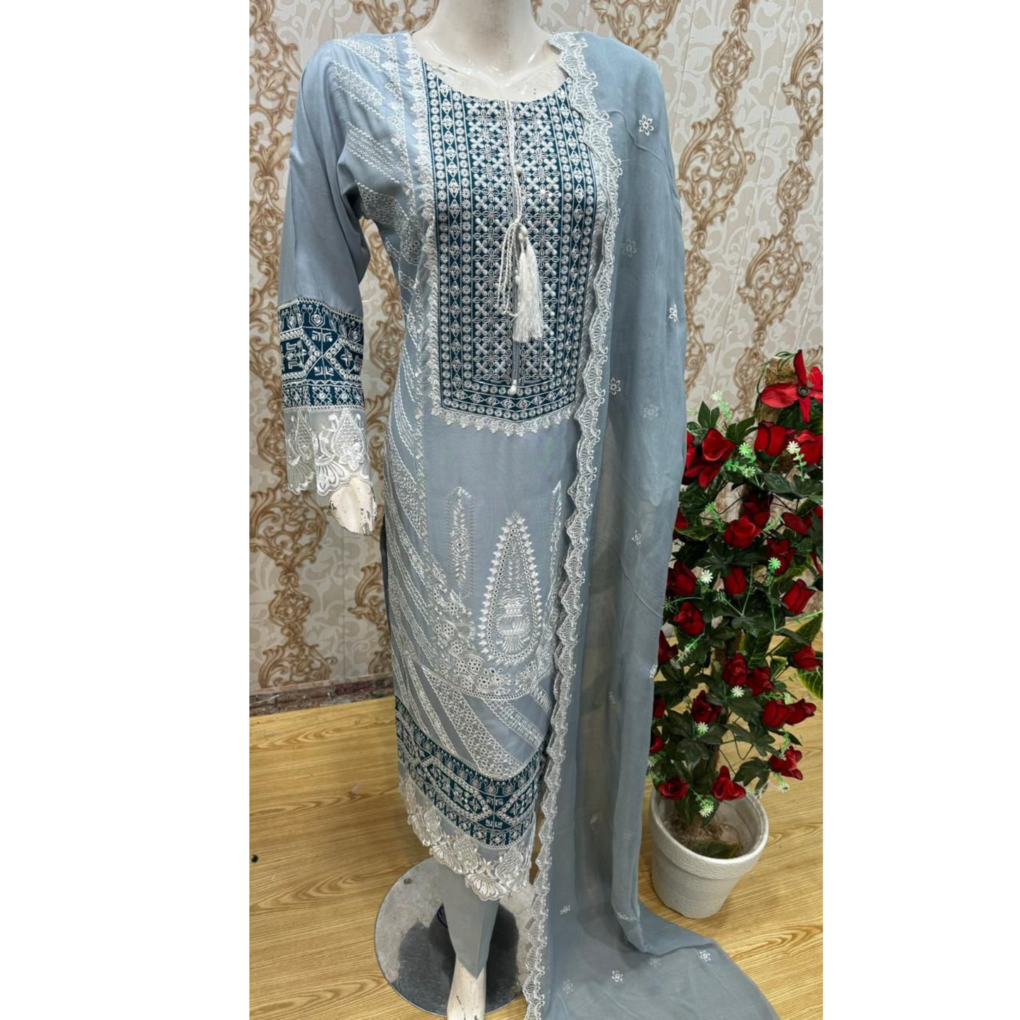 3 Pc Embroidered Linen Dress With Embroidered Chiffon Dupatta By UB