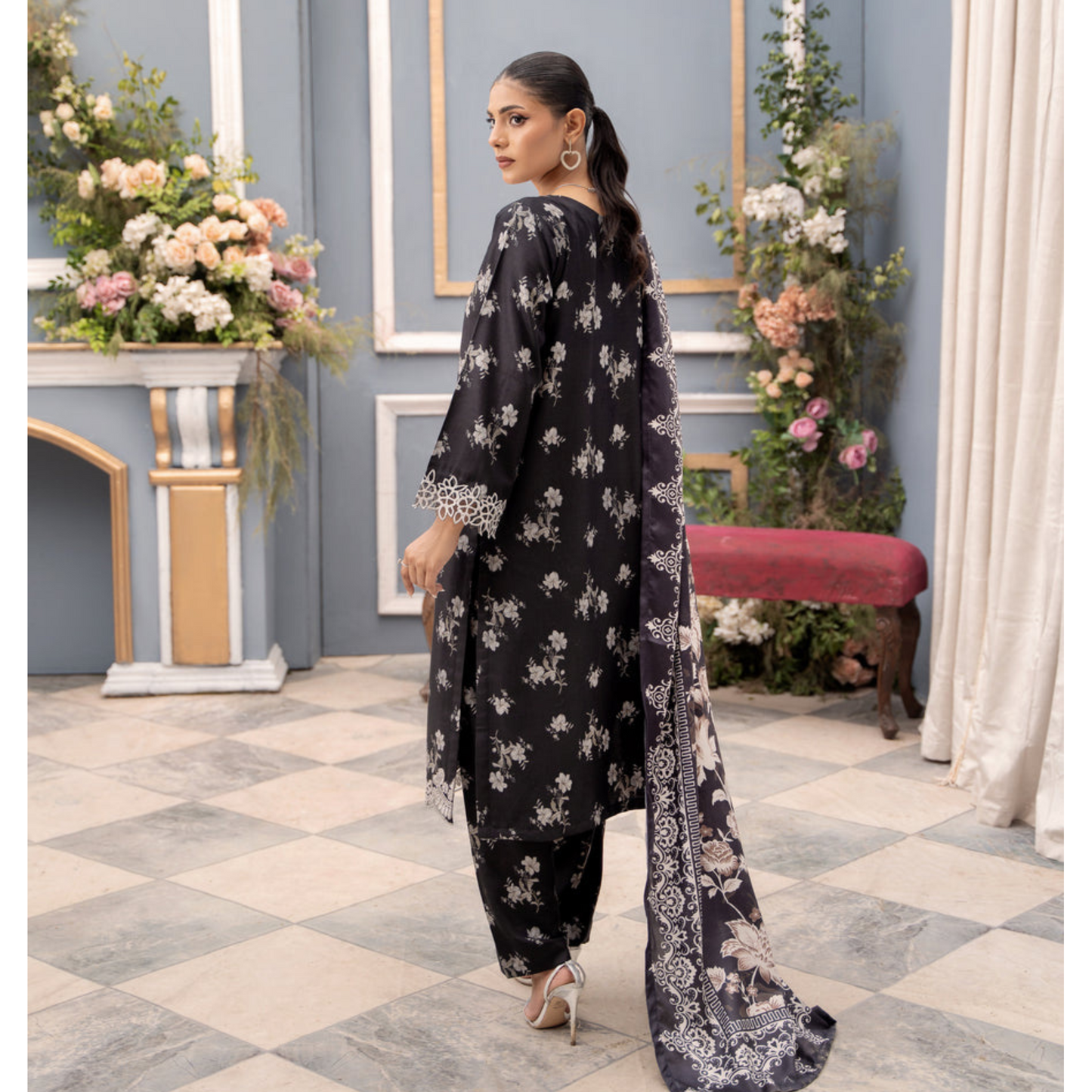 (Black) Embroidered Printed Dhanak Dress with Dhanak Shawl | Winter Collection | Raniya.h