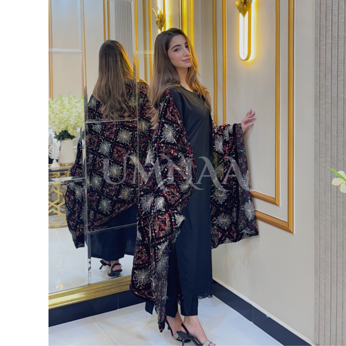 UA-32 Dhanak Dress Embroidered Velvet Shawl 3 Pc | Ready to wear | UMNAA