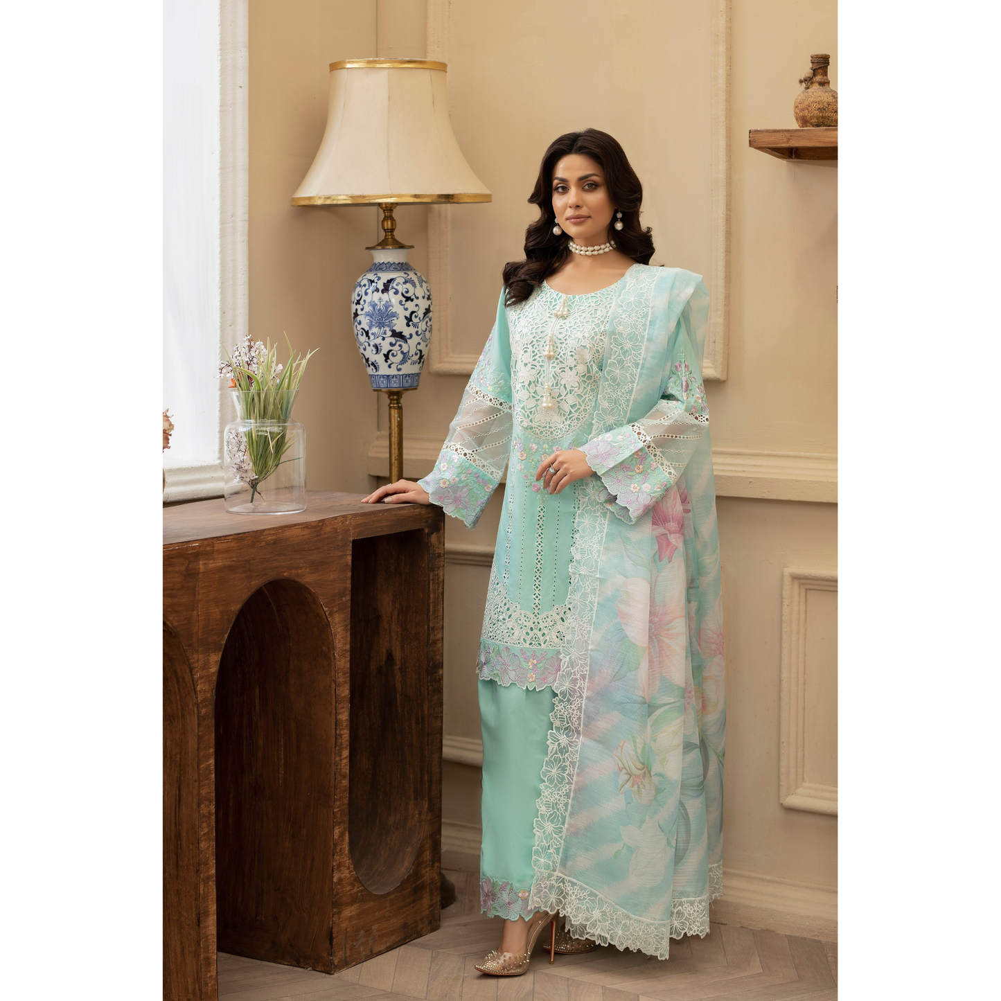 KC-1435 Embroidered Cambric Cotton Farshi Shalwar Kameez Ready to Wear 3 Pc - Karma Collection