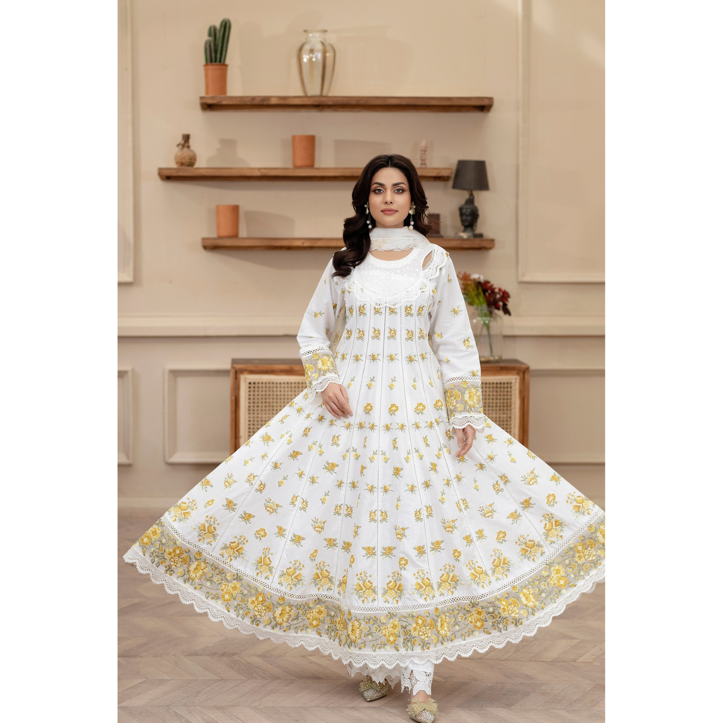 KC-1436 Embroidered Cambric Cotton long Frock Dress Ready to Wear 3 Pc - Karma Collection