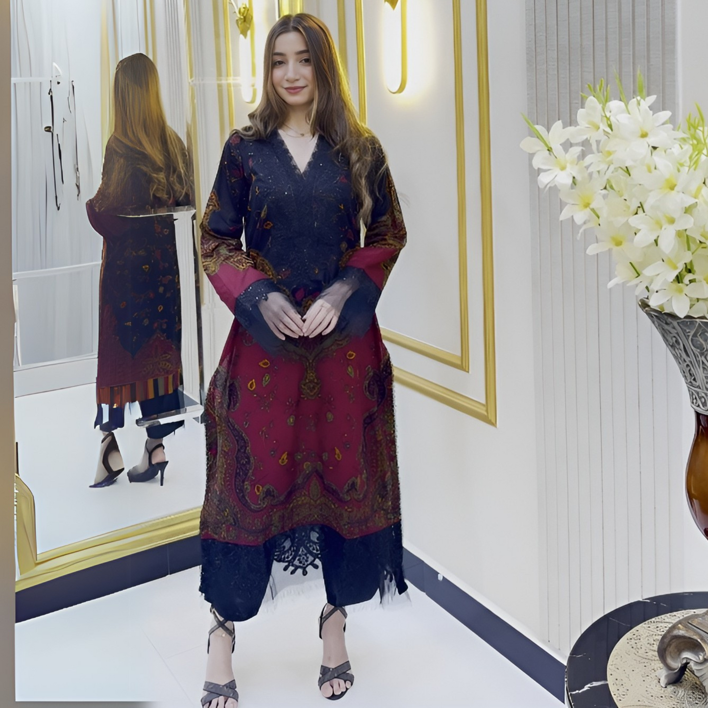 UA-66 (BLACK) Embroidered Cambric Cotton 3 Pc Pakistani Dress | UMNAA
