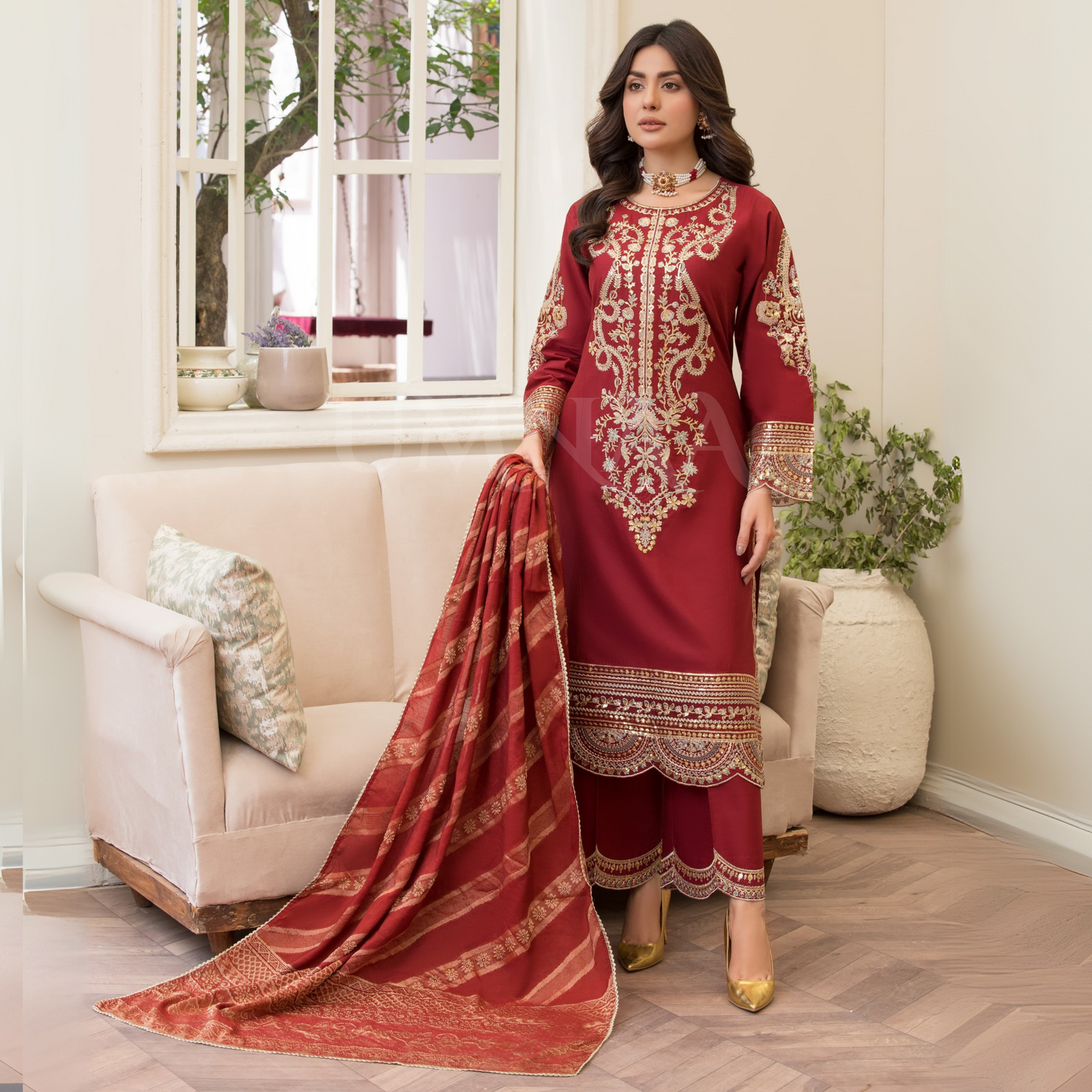 UA-84 (Maroon) Embroidered Cambric Cotton Ready to wear Dress | Umnaa