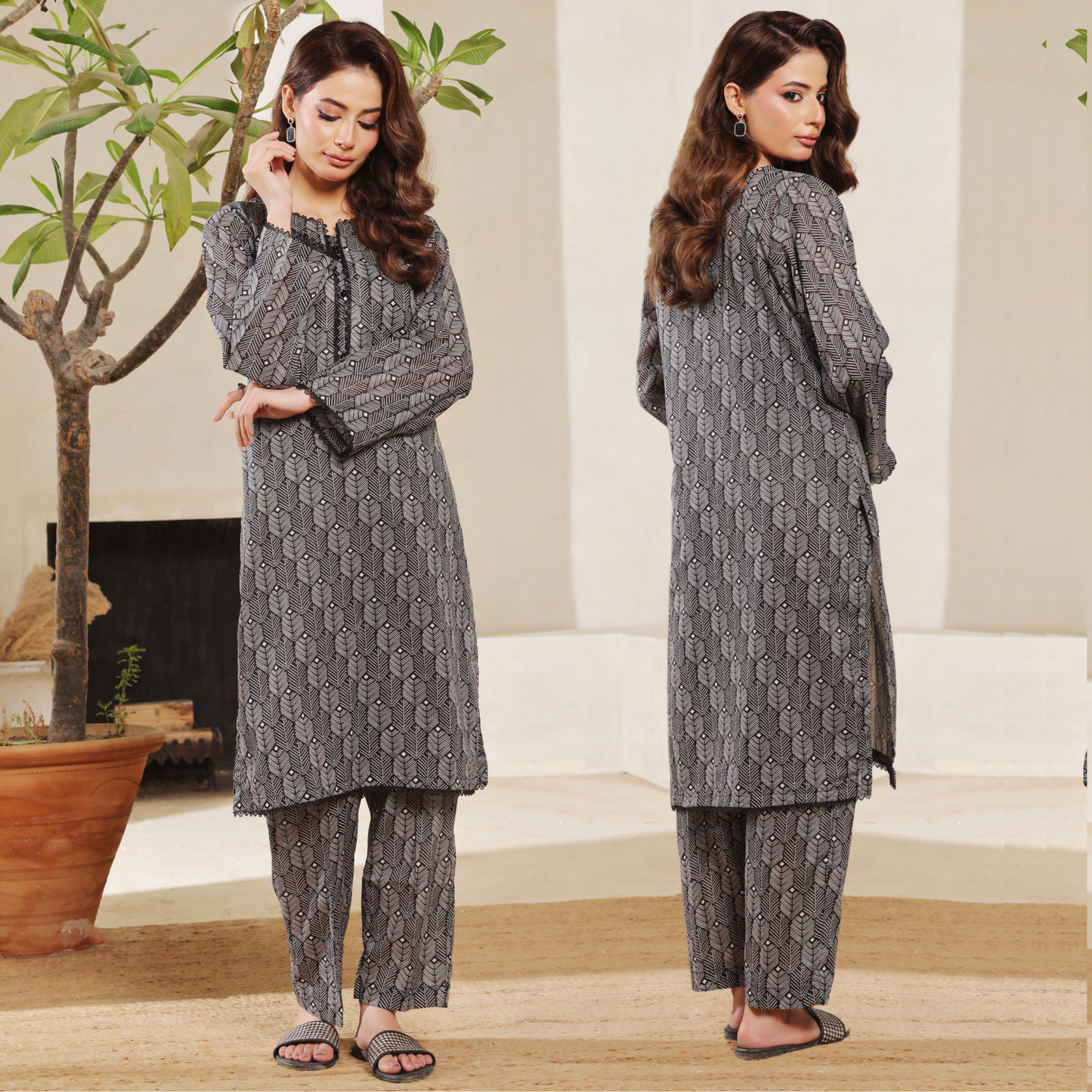 2 Pc Printed Lawn Monochrome Co-Ords Dress - Saphron