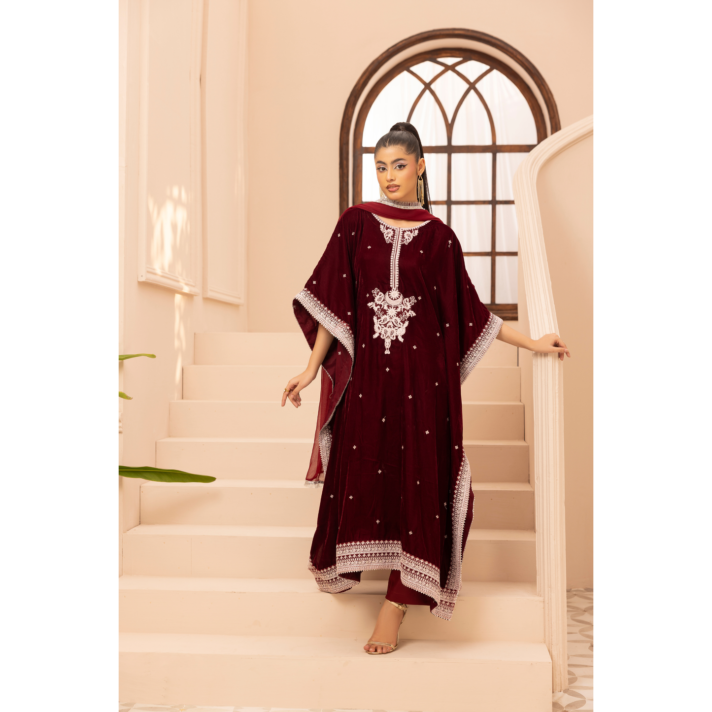 UMS-39 Zayna by Simrans Velvet Kaftan Embroidered 3 Pc Collection Asian Clothes | Modest Wear