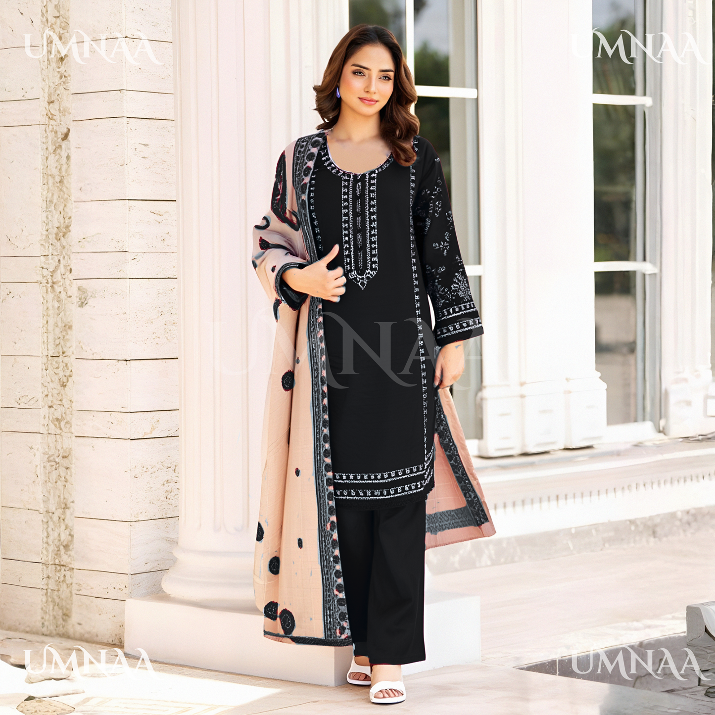 UA-137 Dhanak dress with Kashmiri Wool Shawl by Umnaa | Ready to Wear | Asian Clothes
