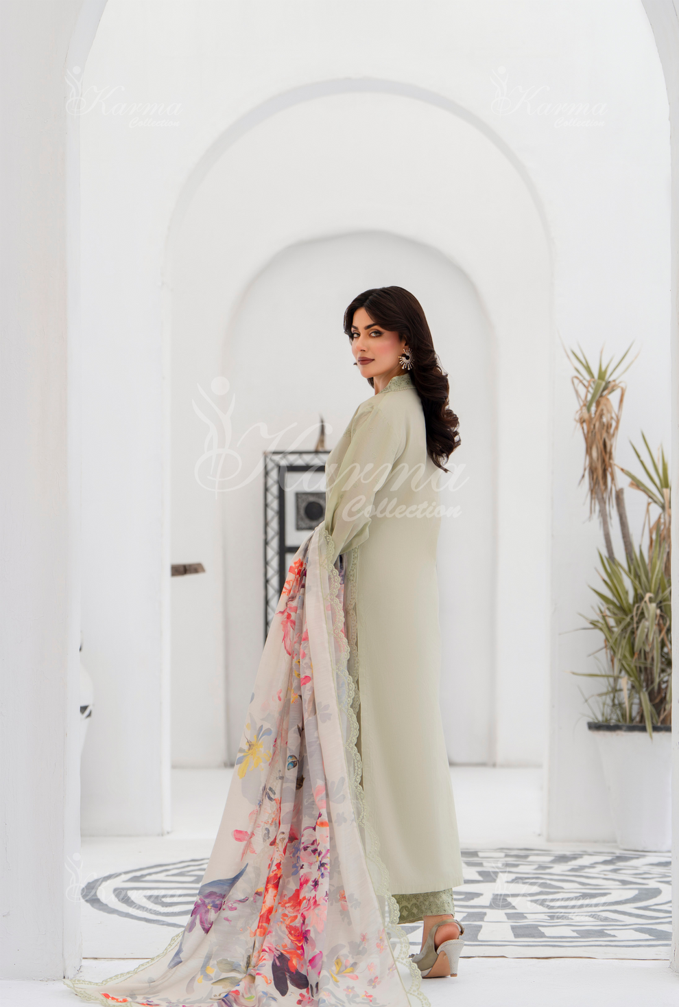 KC- 1386 | Greyish Green | 3 Pc | Chikenkari Cotton Lawn | Karma Collection