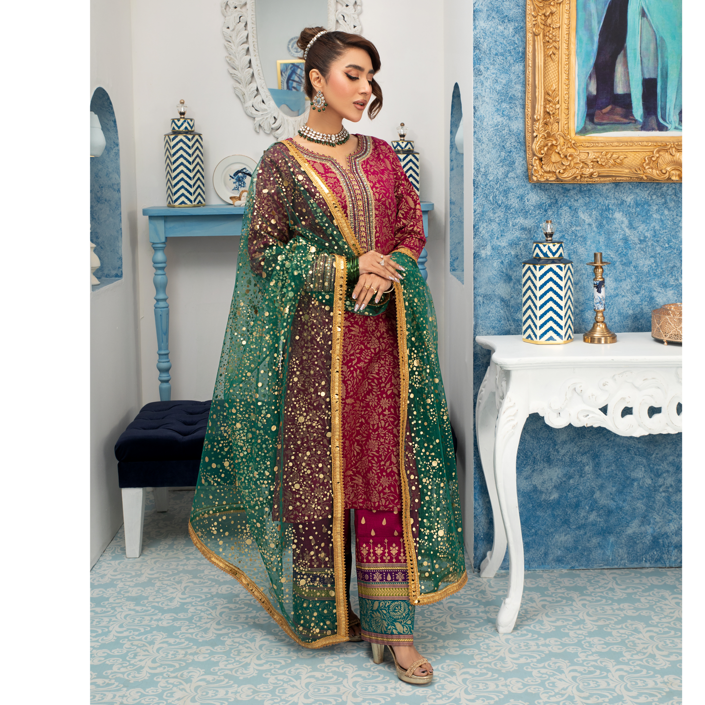(Deep Pink) Luxury Cambric Cotton Embroidered Dress | Ready to Wear | Heera's