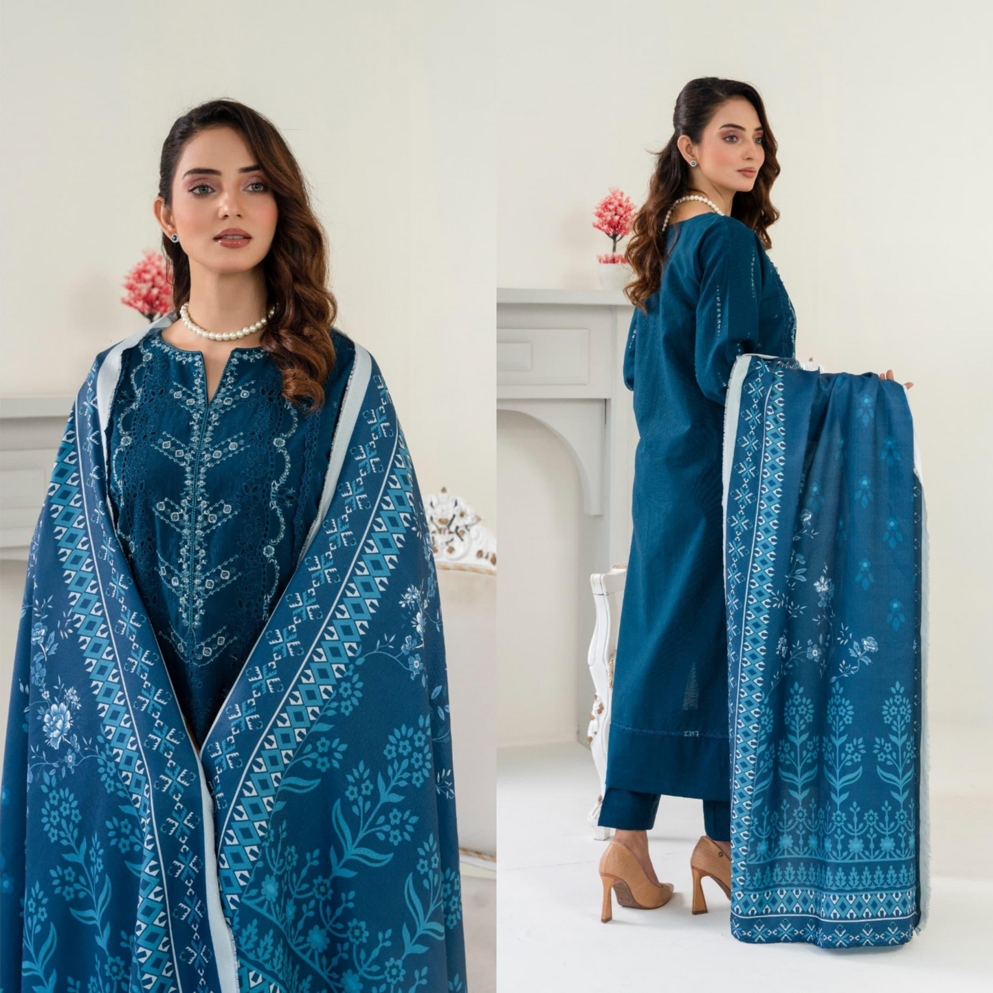 (Teal Blue) 3 Pc Embroidered Khaddar Collection with Shawl | Ready to wear| Hayats