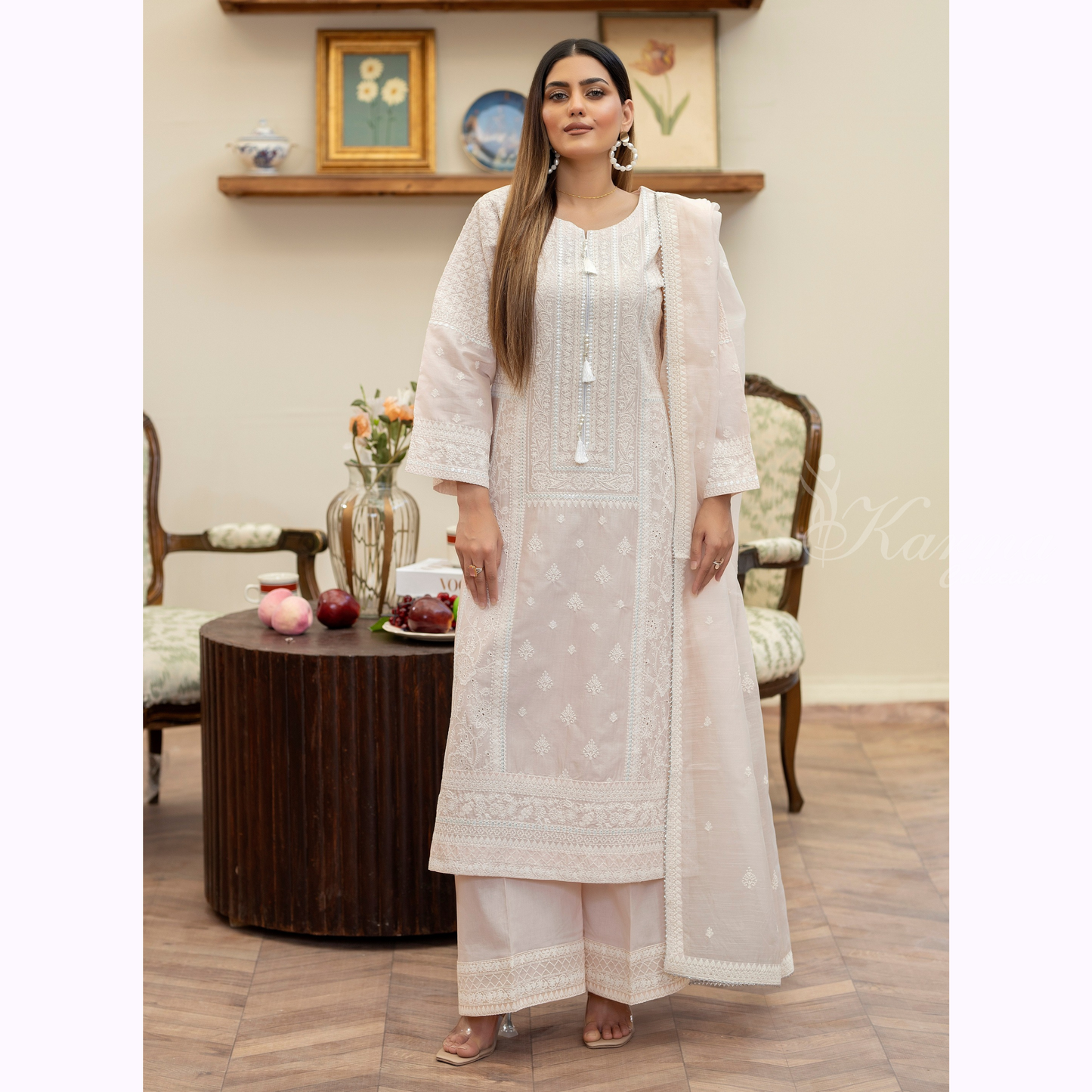 KC-1457 Embroidered Chikenkari Cotton Collection Ready to Wear 3 Pc - Karma Collection