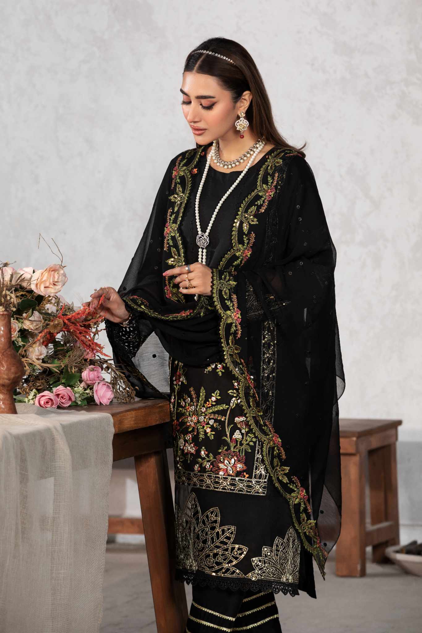 LUSH BLACK FLORA 3 Pc Cambric Cotton Embroidered Dress - Heera's