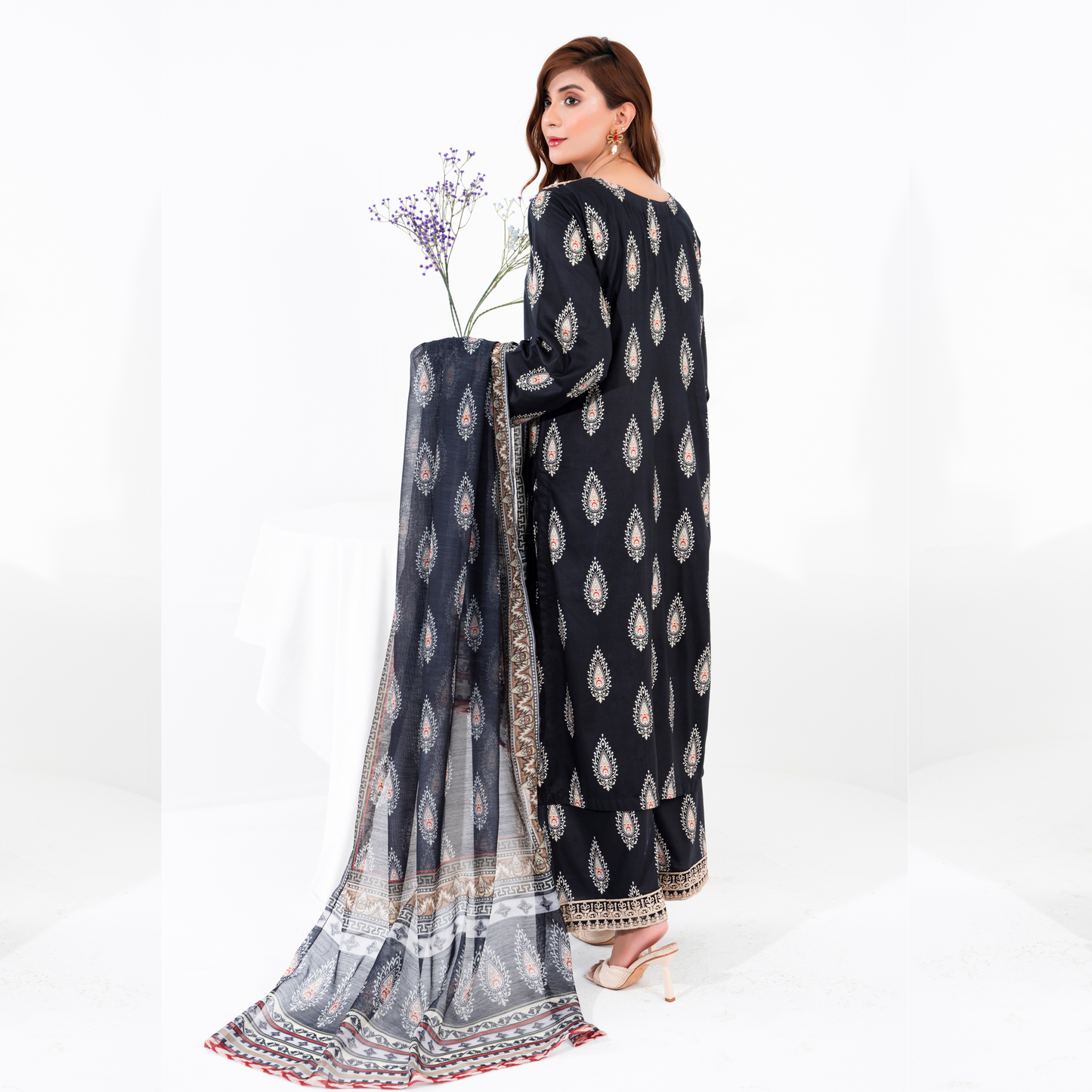 (Black) 3 Pc Printed Floral Embroidered Linen Dress Winter Wear | Raniya.h