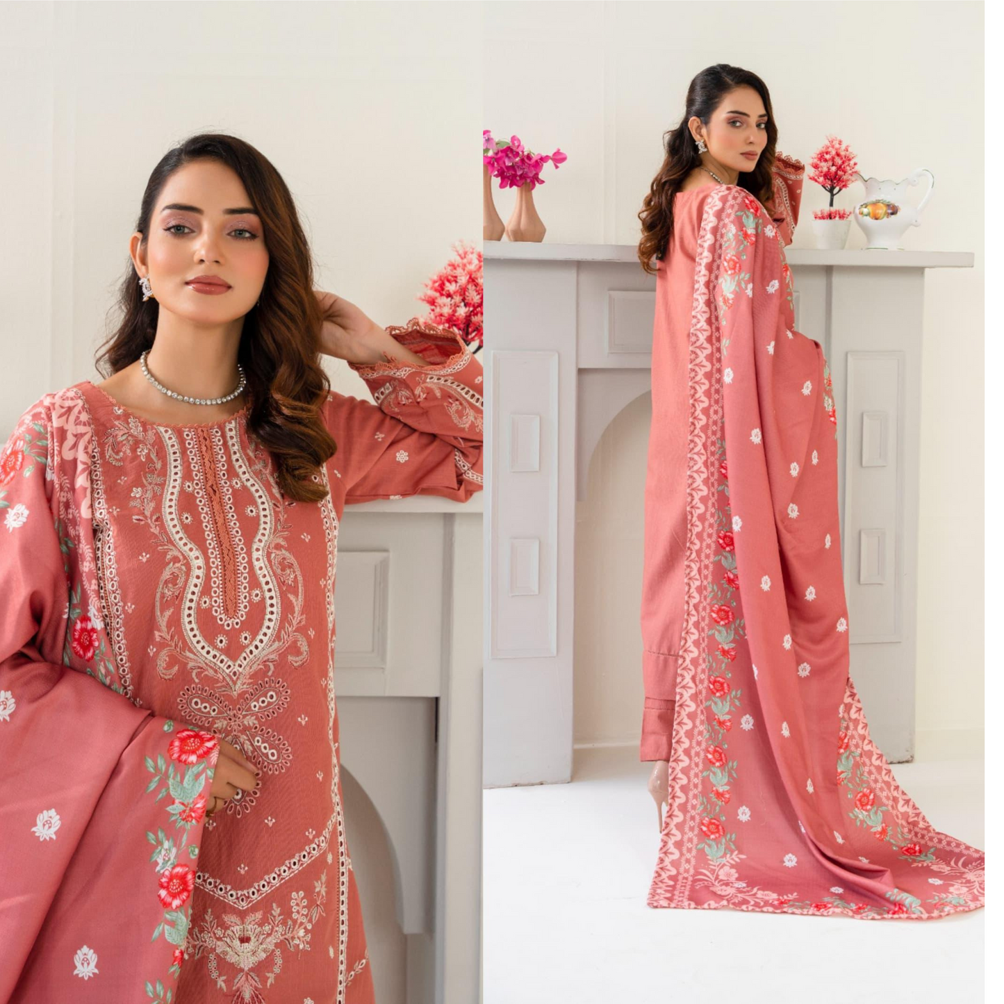 (Light Coral Pink) 3 Pc Embroidered Khaddar Collection with Shawl | Ready to wear| Hayats