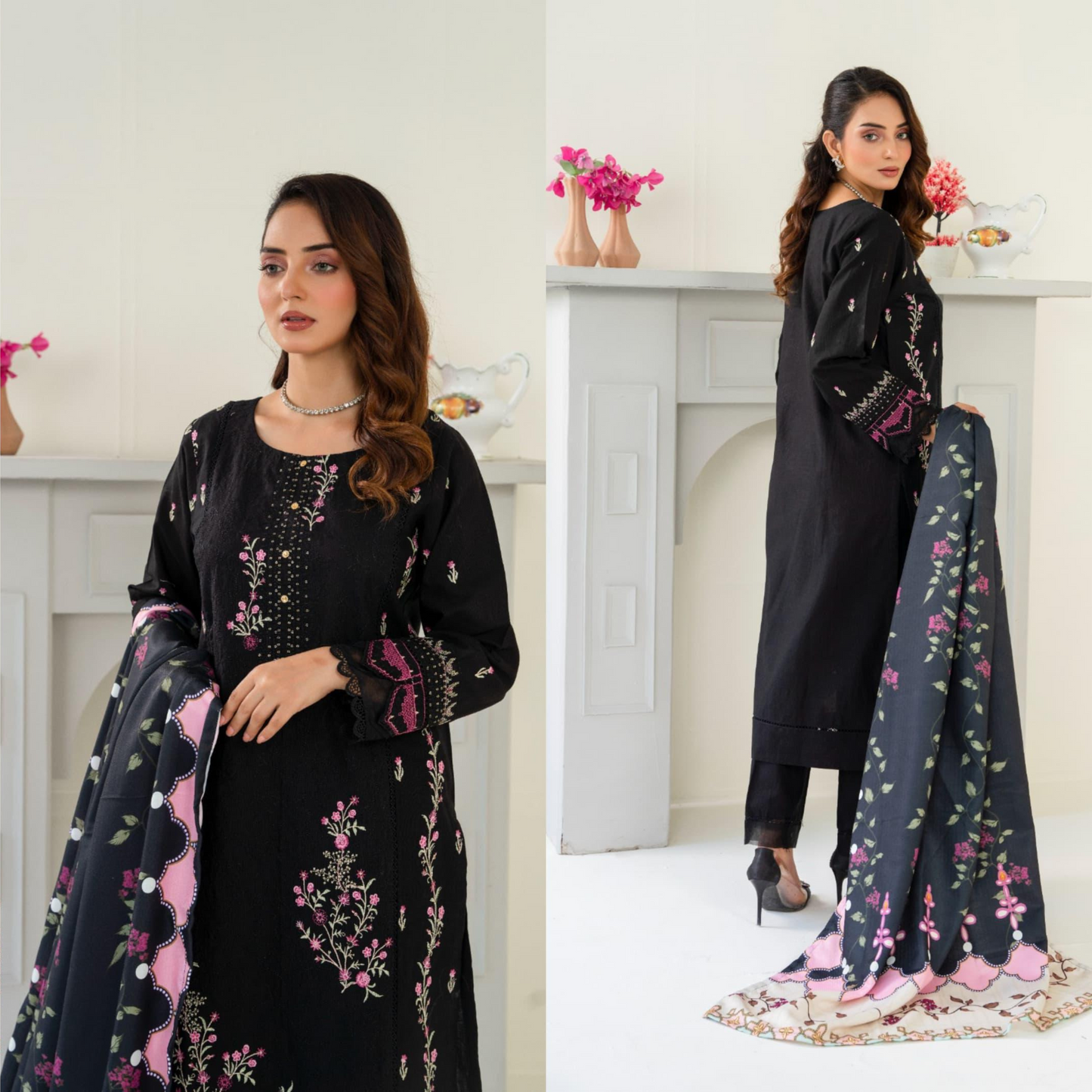 (Black) 3 Pc Embroidered Khaddar Collection with Shawl | Ready to wear| Hayats
