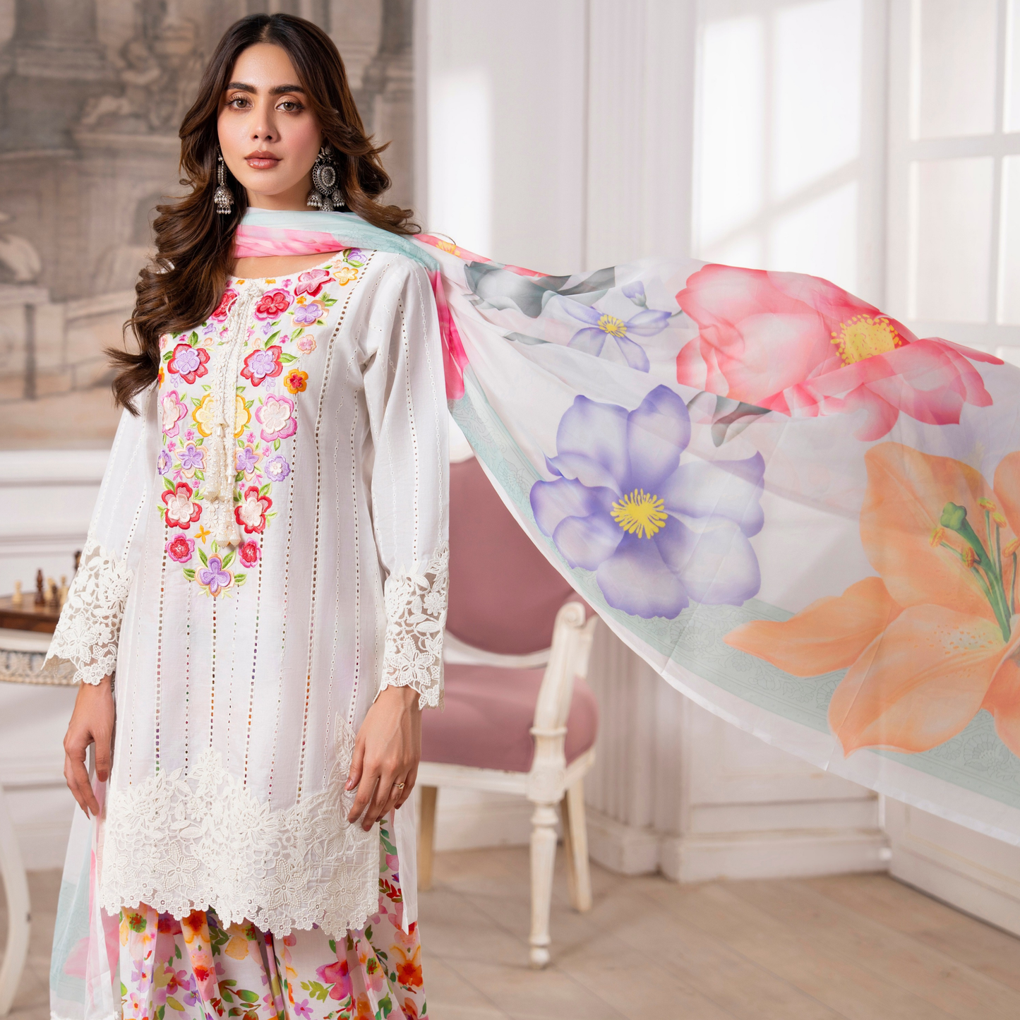3 Pc Printed Floral Embroidered Trendy farshi Shalwar Collection karma collection