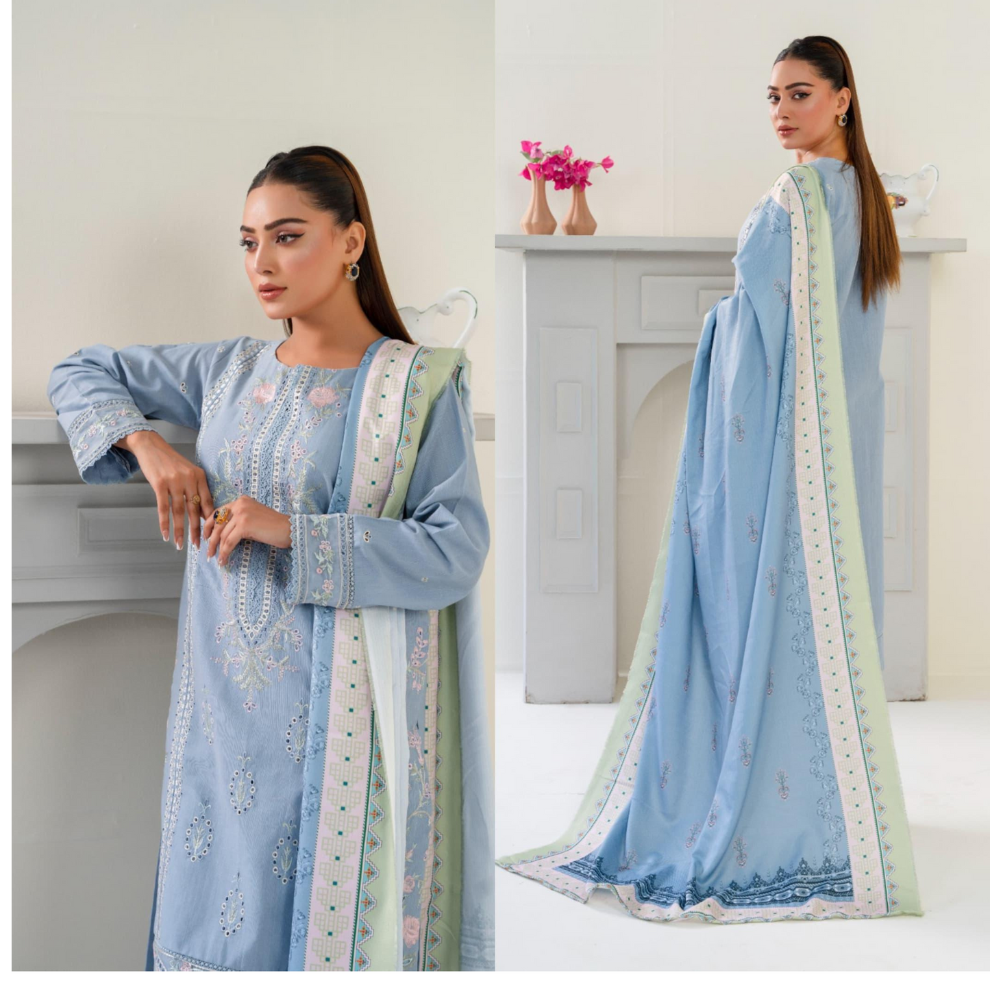 (Sky Blue) 3 Pc Embroidered Khaddar Collection with Shawl | Ready to wear| Hayats