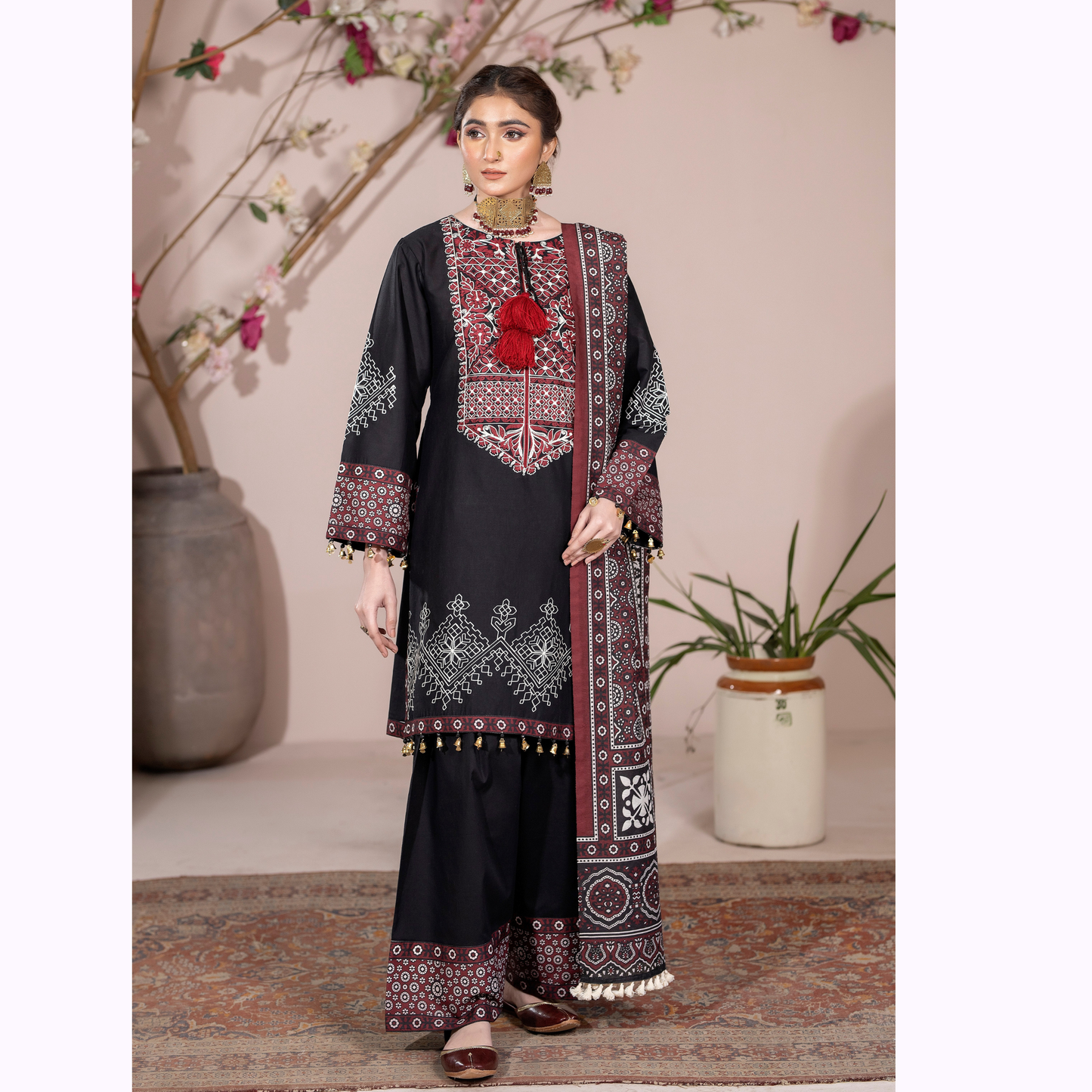 UKC-29 Embroidered Cambric Cotton dress with Ajrak Style Dupatta Ready to Wear 3 Pc - Karma Collection