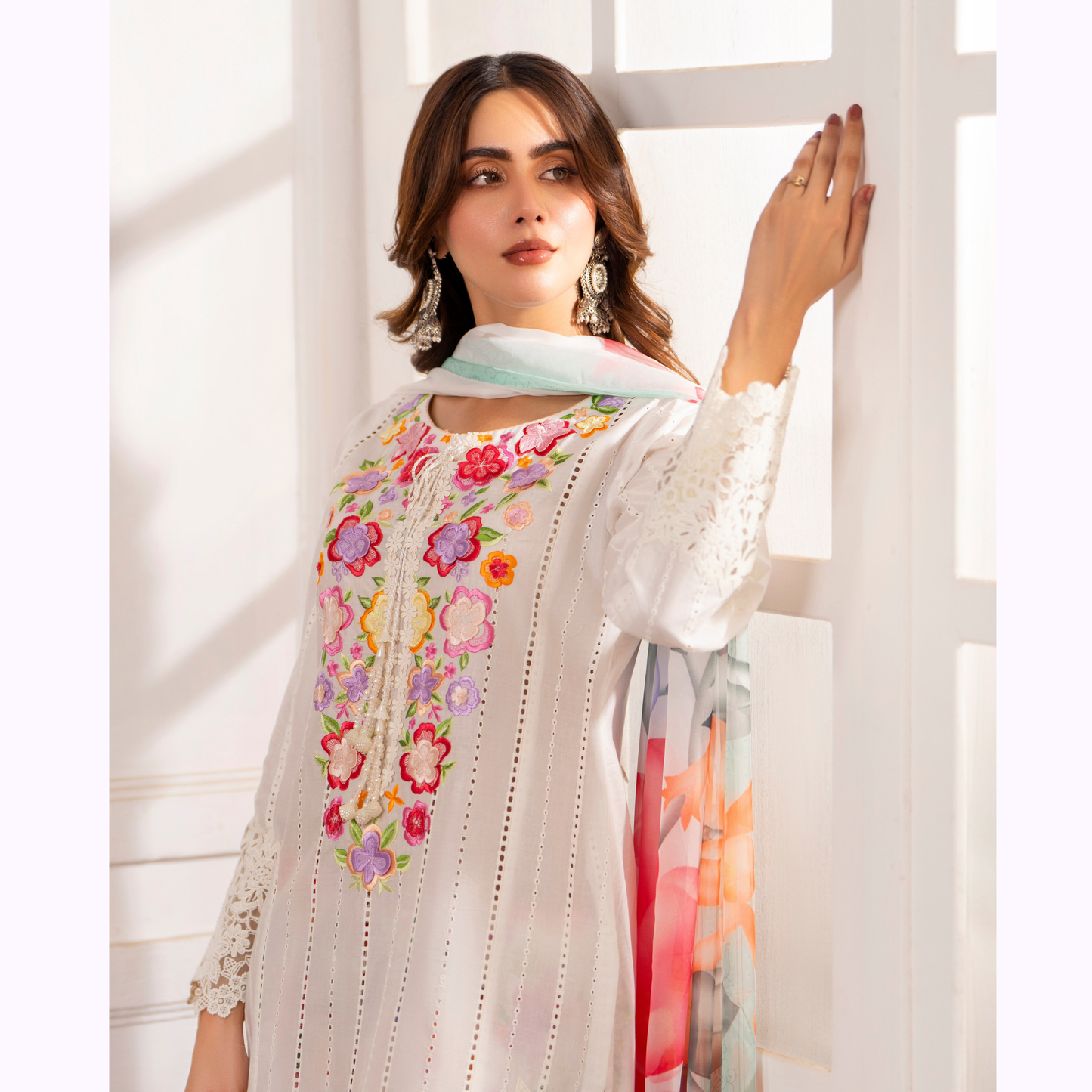 3 Pc Printed Floral Embroidered Trendy farshi Shalwar Collection karma collection