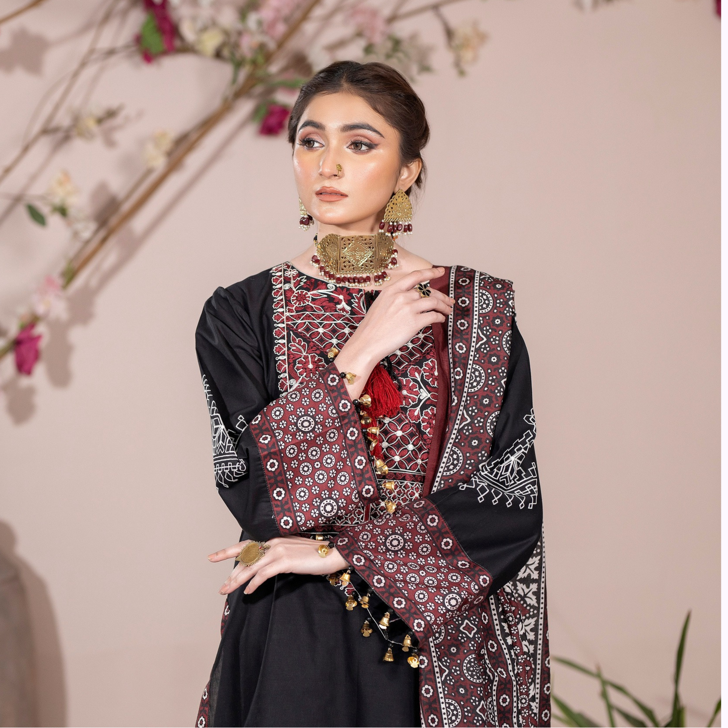 UKC-29 Embroidered Cambric Cotton dress with Ajrak Style Dupatta Ready to Wear 3 Pc - Karma Collection