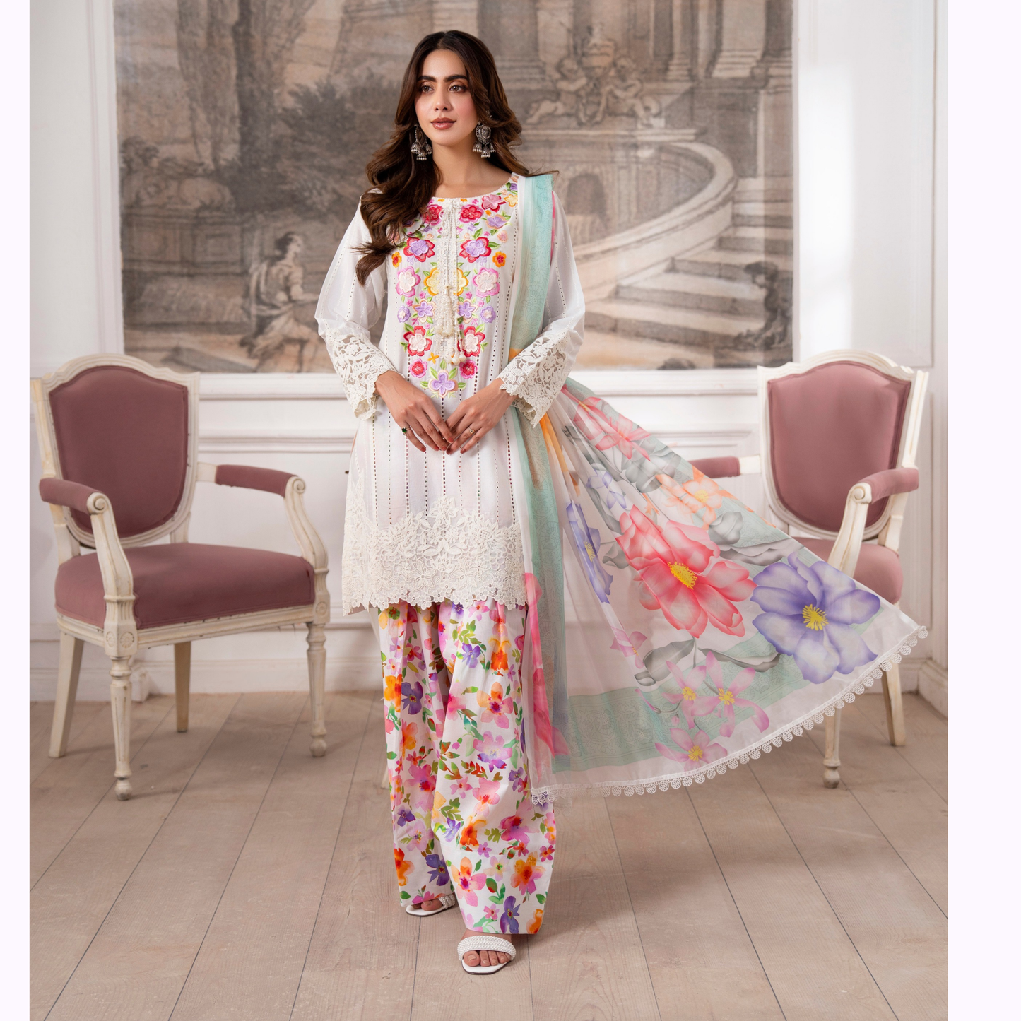 3 Pc Printed Floral Embroidered Trendy farshi Shalwar Collection karma collection
