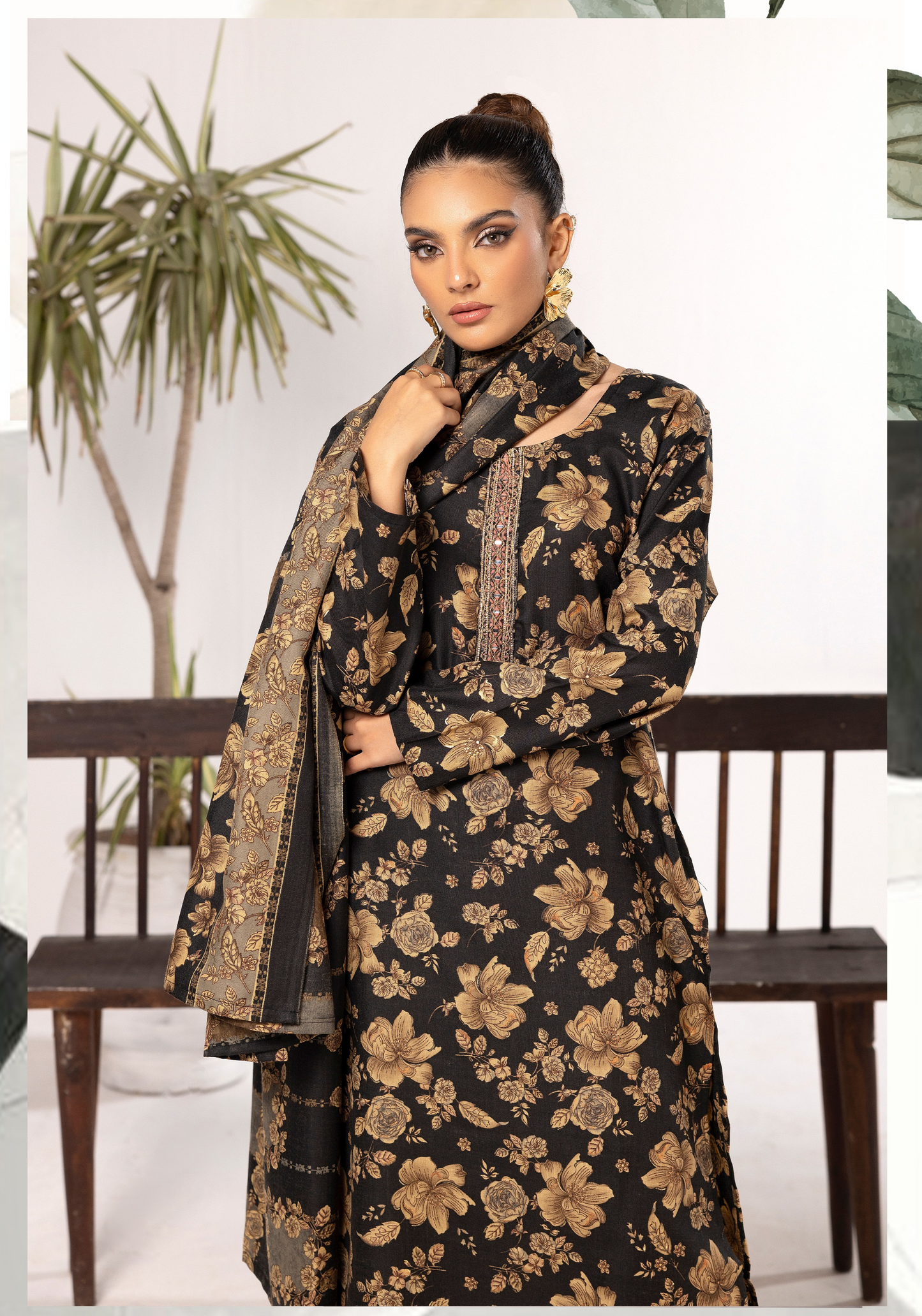Black | Printed Linen Shalwar Kameez & Dupatta | 3 Pc | Ready-to-wear | Simrans